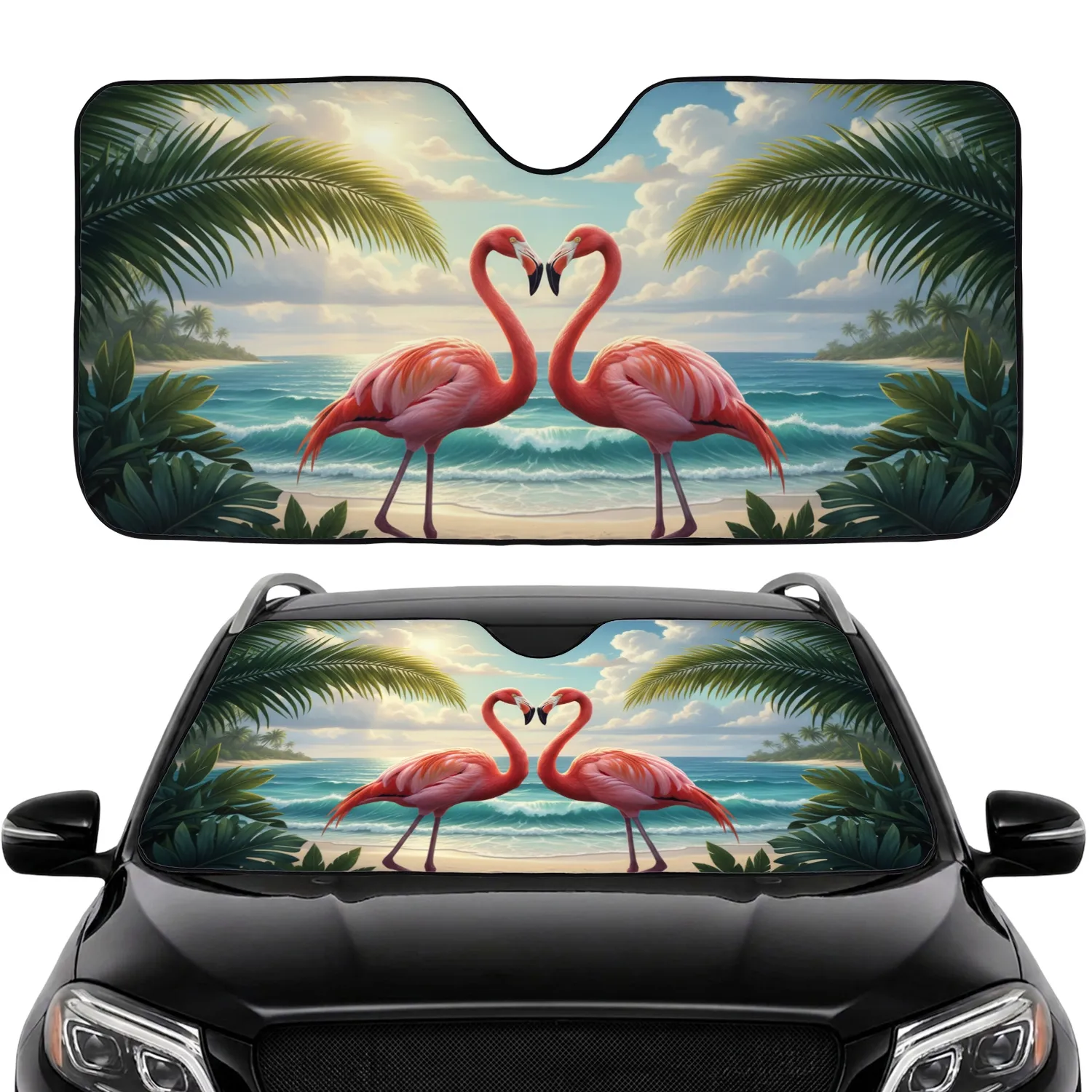 Pink Flamingo Heart Tropical Beach - Car Interior Upgrade for Flamingo Lovers Car Sunshade - 1