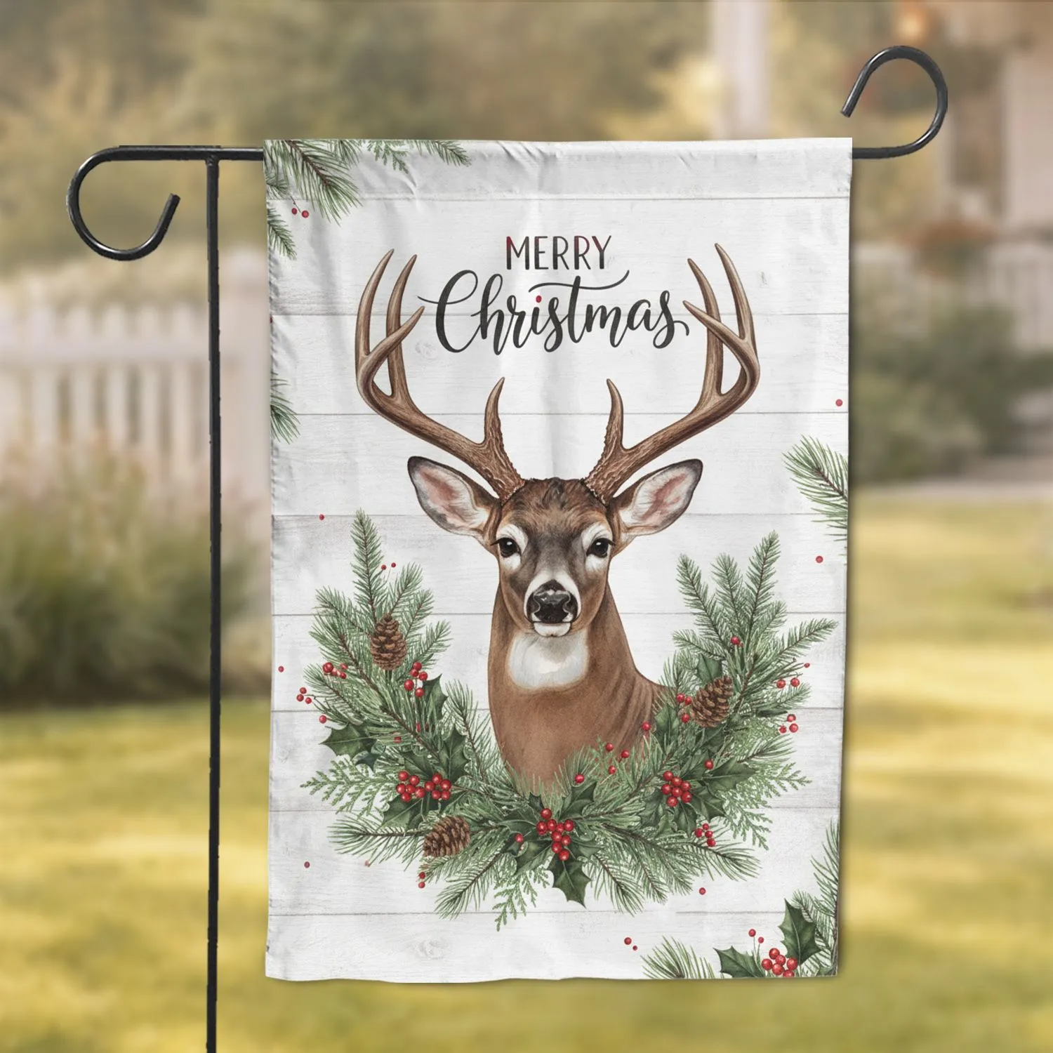 White-Tailed Deer Christmas Evergreen Wreath - Holiday Home Decor Garden Flag - 1
