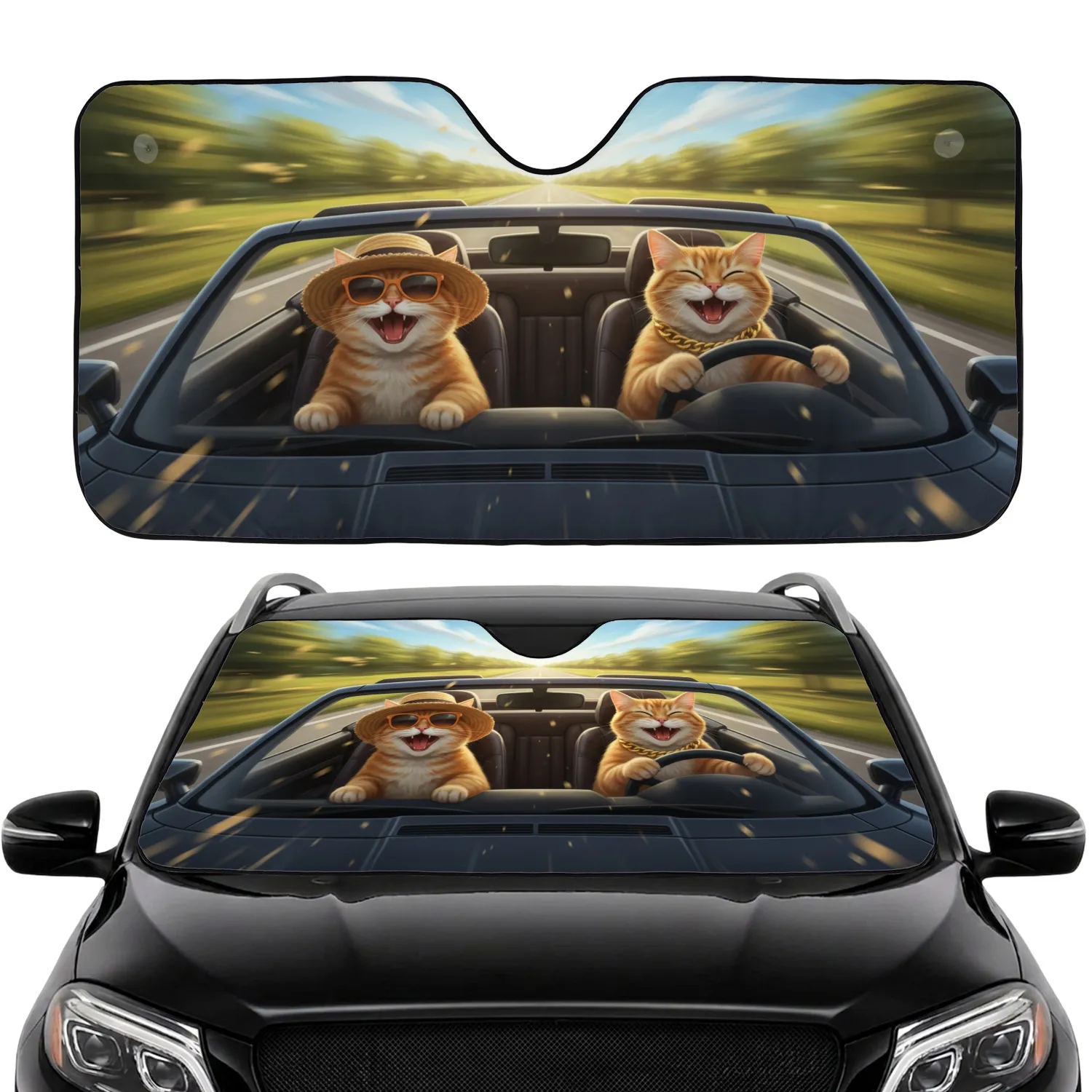 Orange Tabby Cats Convertible Ride - Road Trip Gift for Cat Lover Car Sunshade - 1