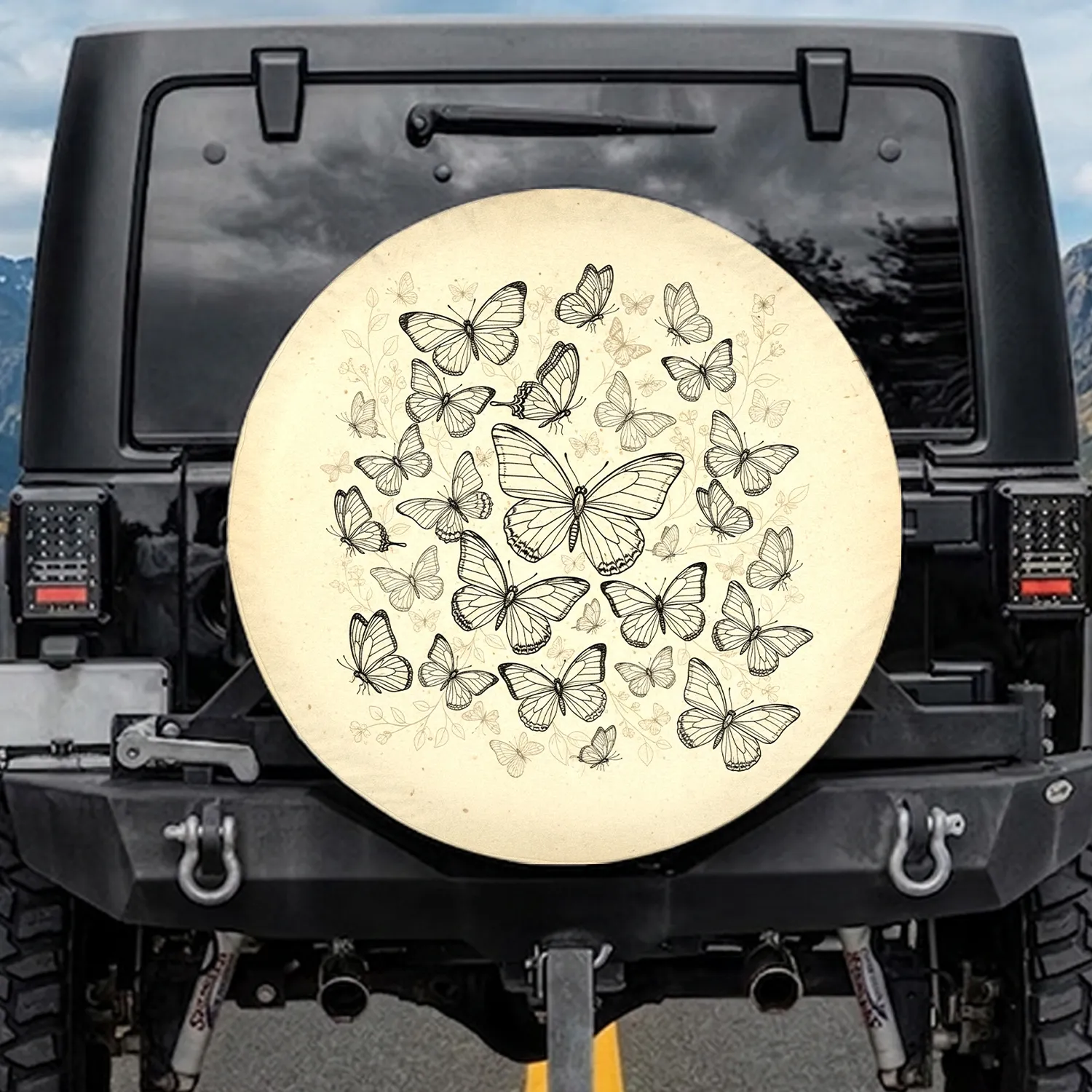 Outline Butterfly Swarm Floral Aged Parchment - Wildlife Lover Gift Spare Tire Cover - 1