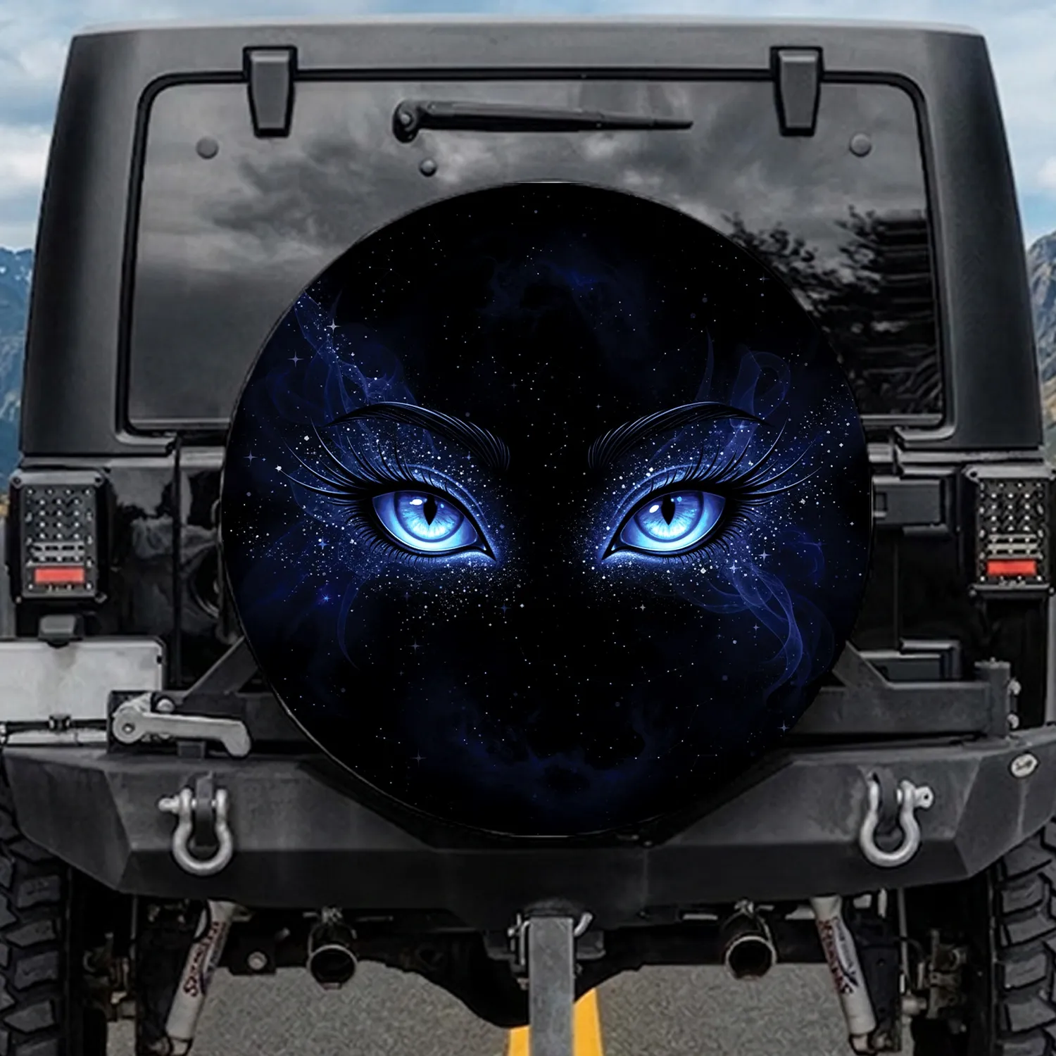 Luminous Electric Blue Feline Eyes Starlight Cosmic Void - Mysterious Space Traveler Gift Spare Tire Cover - 1