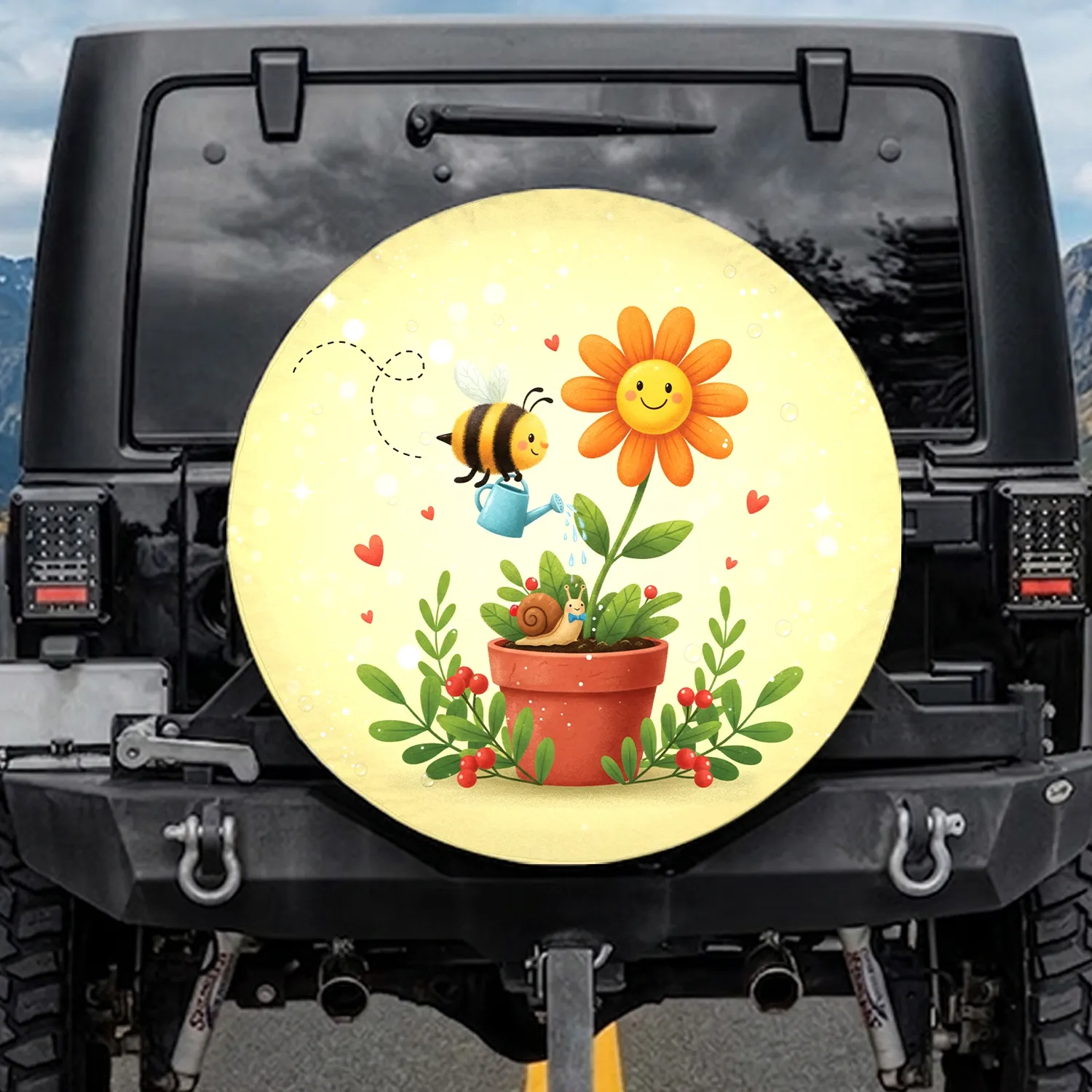 Smiling Daisy Striped Bee Snail - Garden Lover Outdoor Decor Gift Spare Tire Cover - 1
