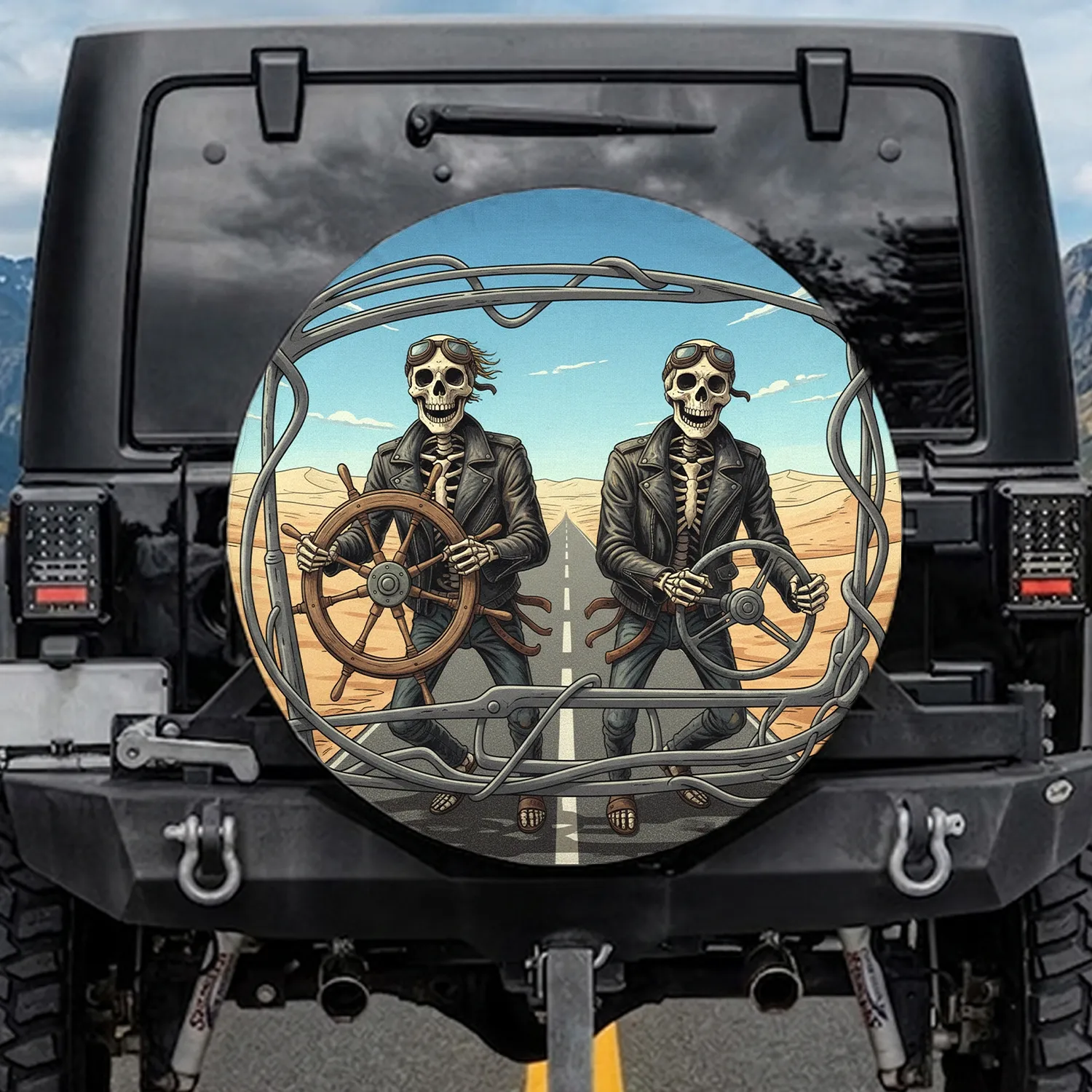 Grinning Skeletal Figures Desert Road Trip - Open Road Adventure Gift for Travelers Spare Tire Cover - 1