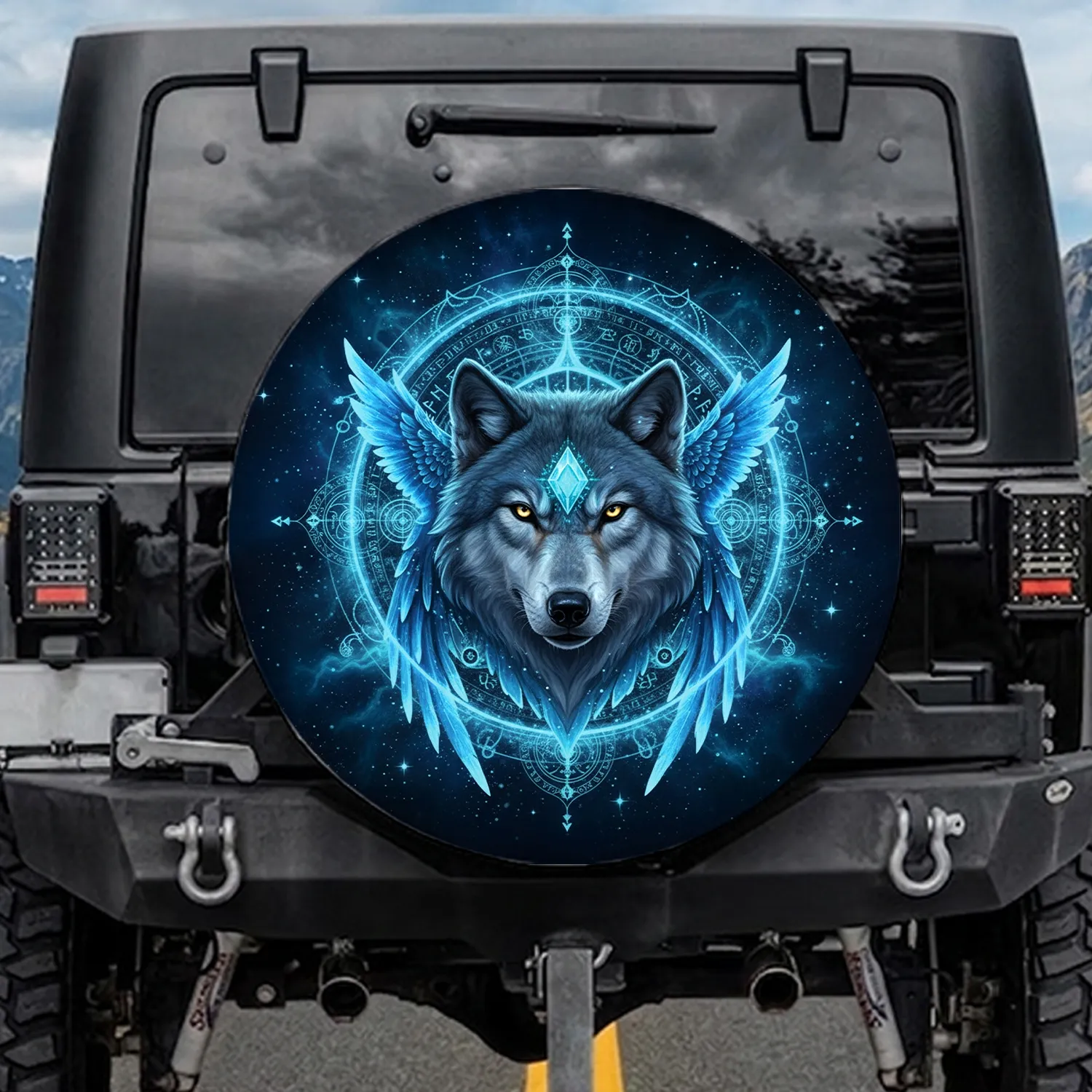 Majestic Wolf Golden Eyes Cyan Diamond Celestial Wings Cosmic Void Wildlife Lover Gift Spare Tire Cover - 1