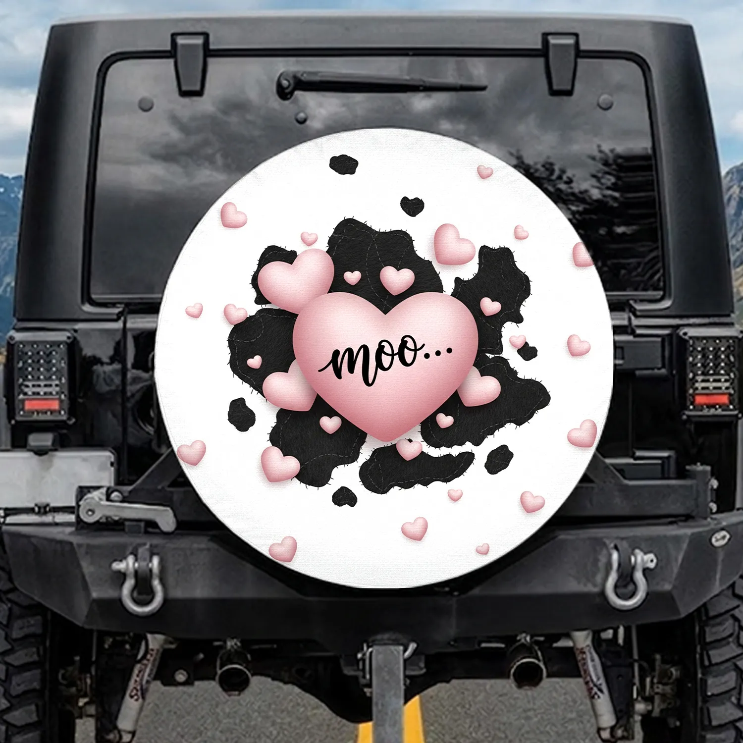 Black Cowhide Pink Hearts 'Moo...' Farmhouse Decor Gift for Cow Lover Spare Tire Cover - 1