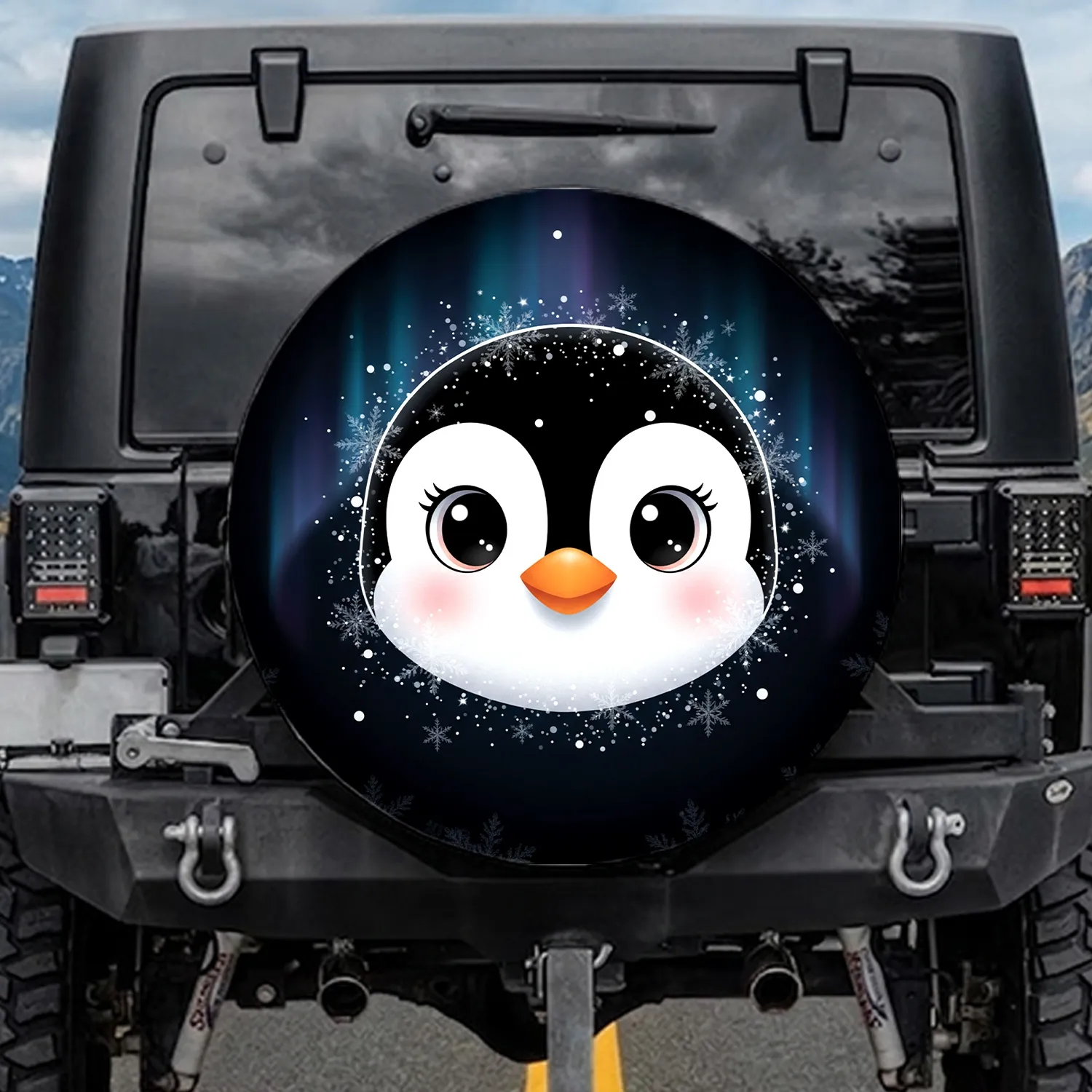 Wide-Eyed Cartoon Penguin Face, Snowflakes & Ice Crystals, Aurora Sky - Winter Lover Gift Spare Tire Cover - 1
