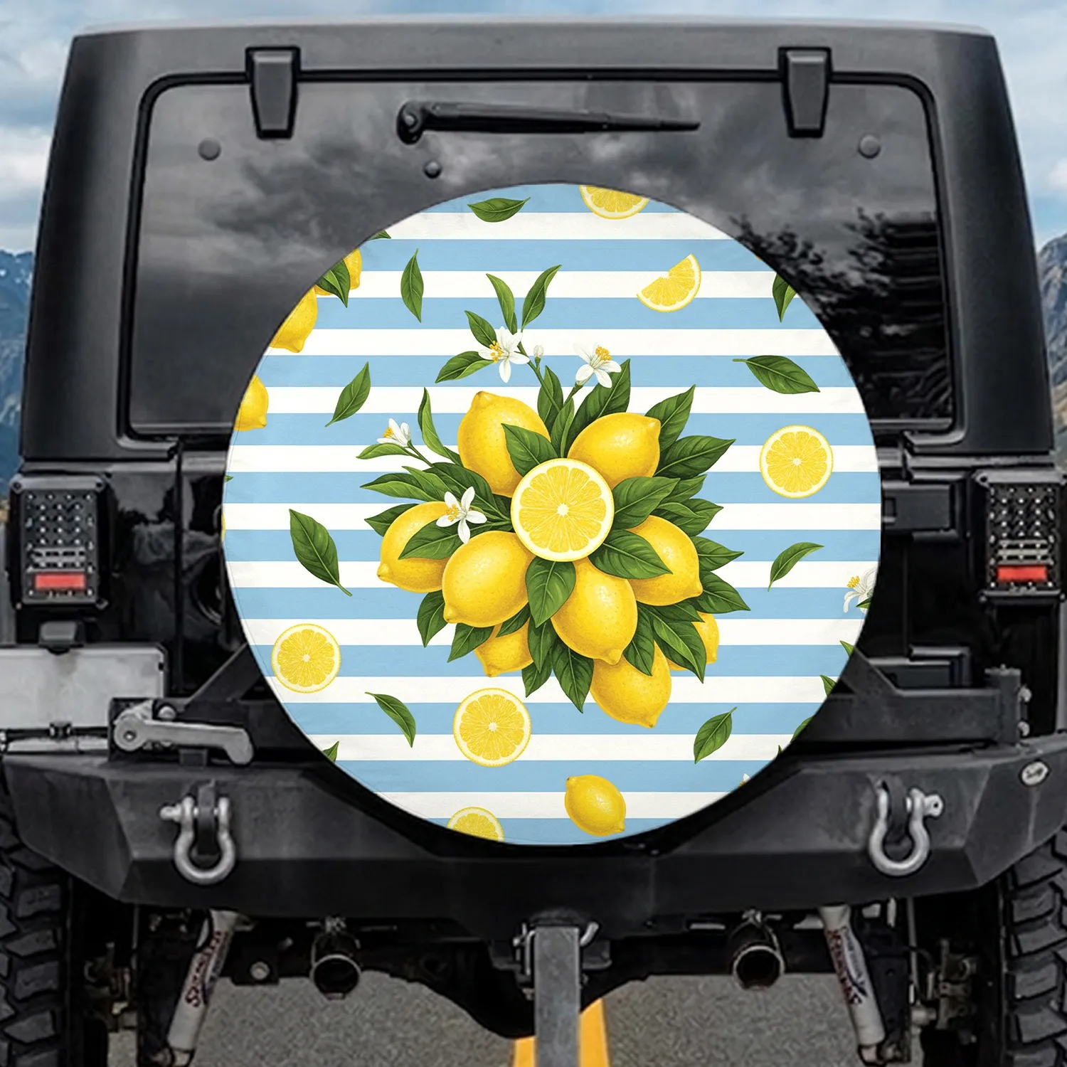 Bright Yellow Lemons Green Leaves White Blossoms Stripes - Home Decor Gift for Lemon Lover Spare Tire Cover - 1