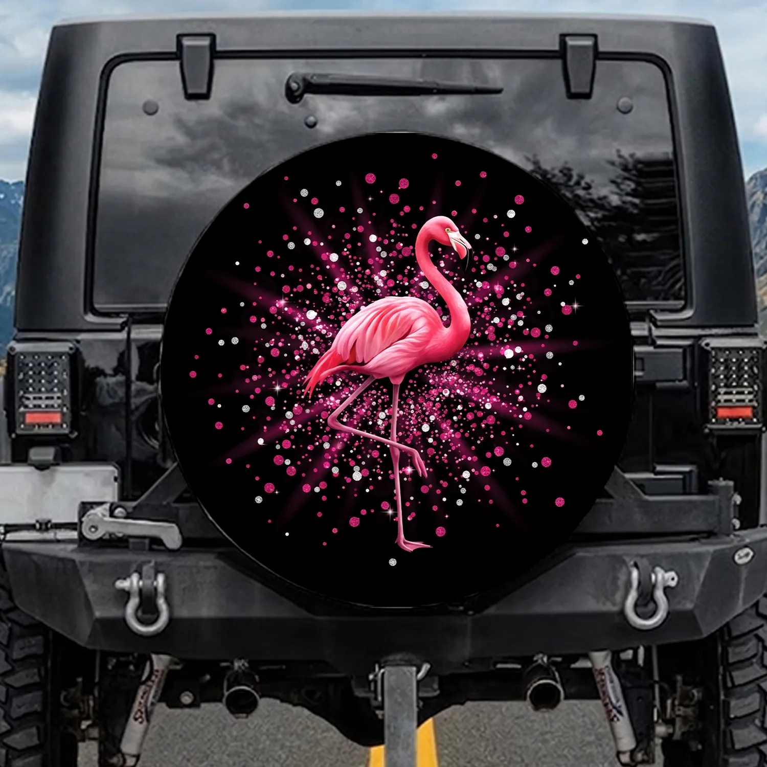 Pink Fuchsia Flamingo Black Glitter Confetti - Glamorous Wildlife Lover Auto Decor Spare Tire Cover - 1