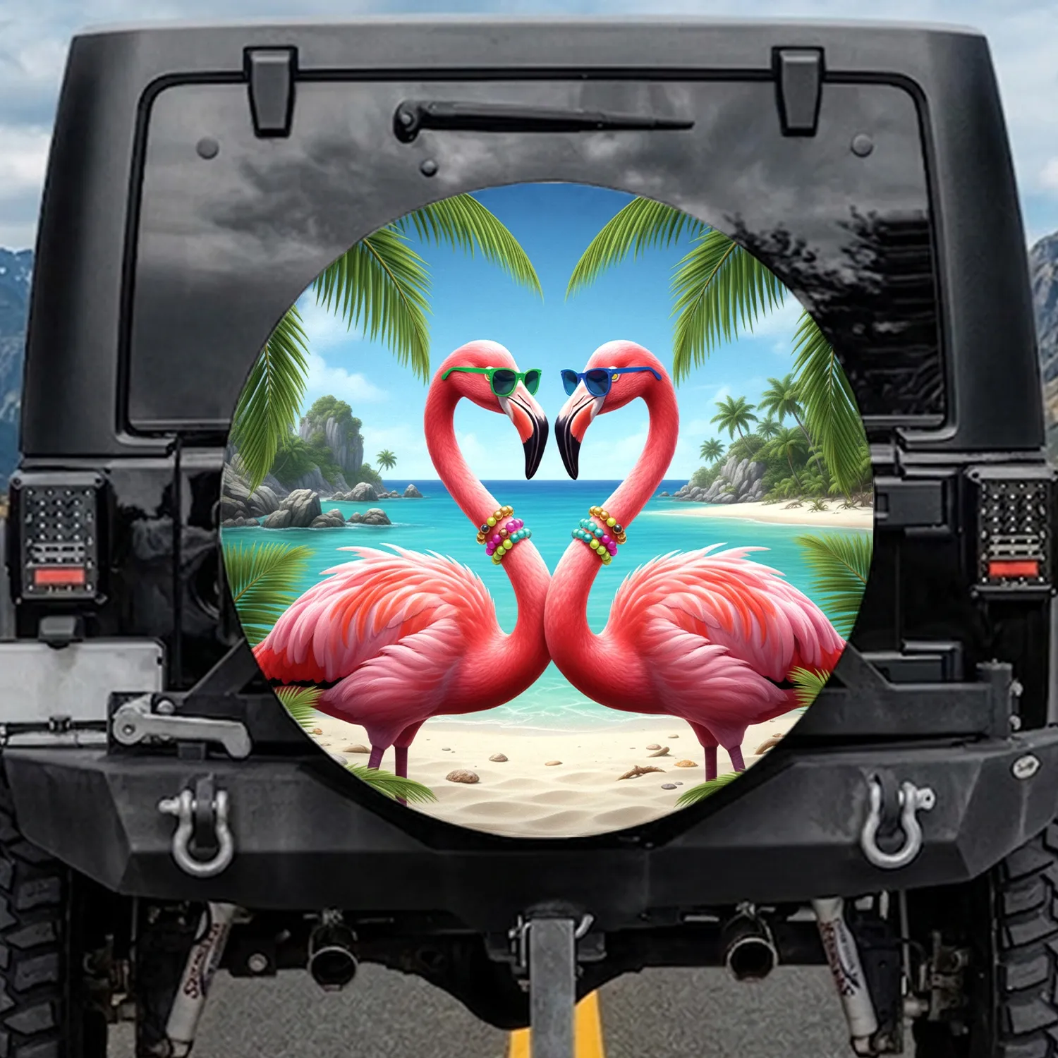 Pink Flamingo Heart Tropical Beach - Tropical Lifestyle Gift for Beach Lovers Spare Tire Cover - 1
