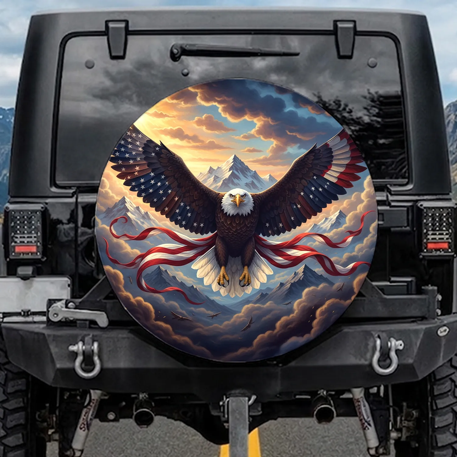Bald Eagle American Flag Mountain Dynamic Sky Patriotic Outdoor Adventure Decor Spare Tire Cover - 1