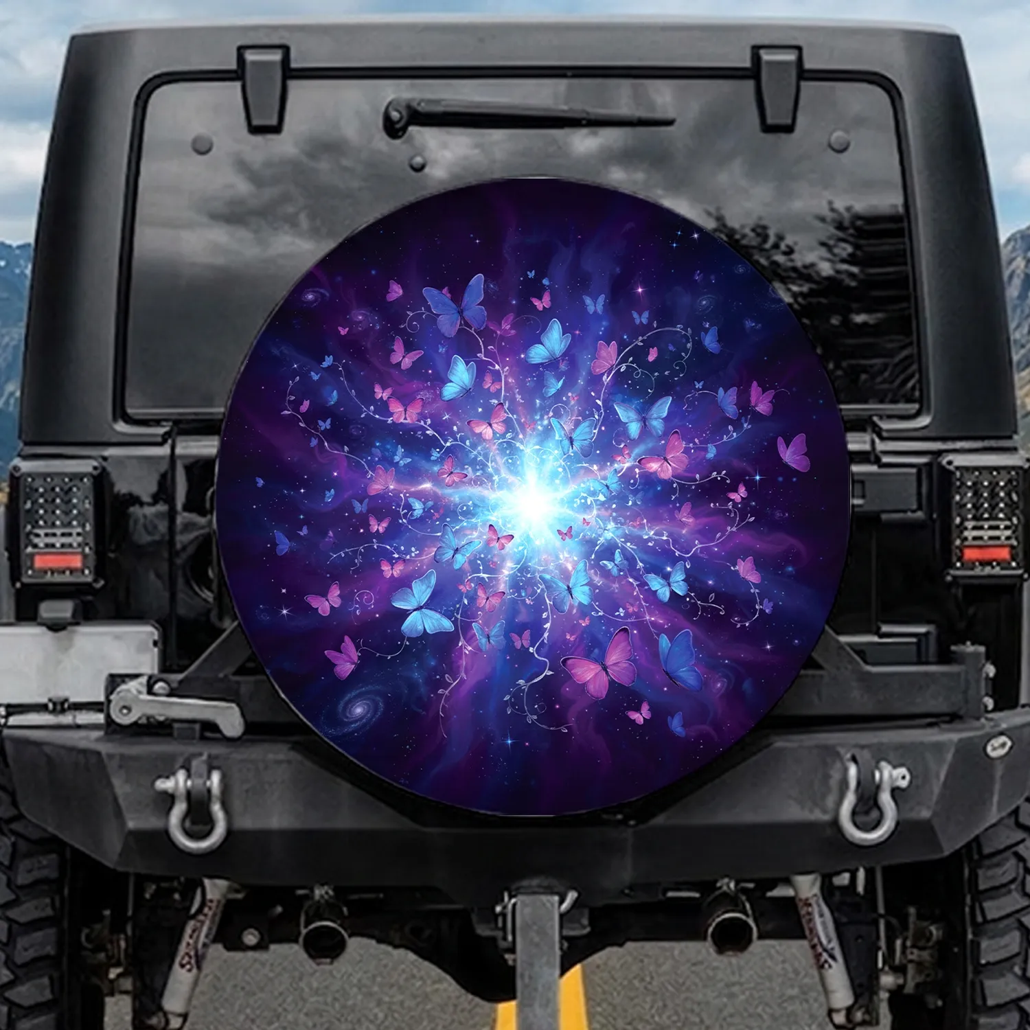 Luminous Blue Purple Butterflies Cosmic Nebula Glowing Stars - Home Decor Gift Spare Tire Cover - 1