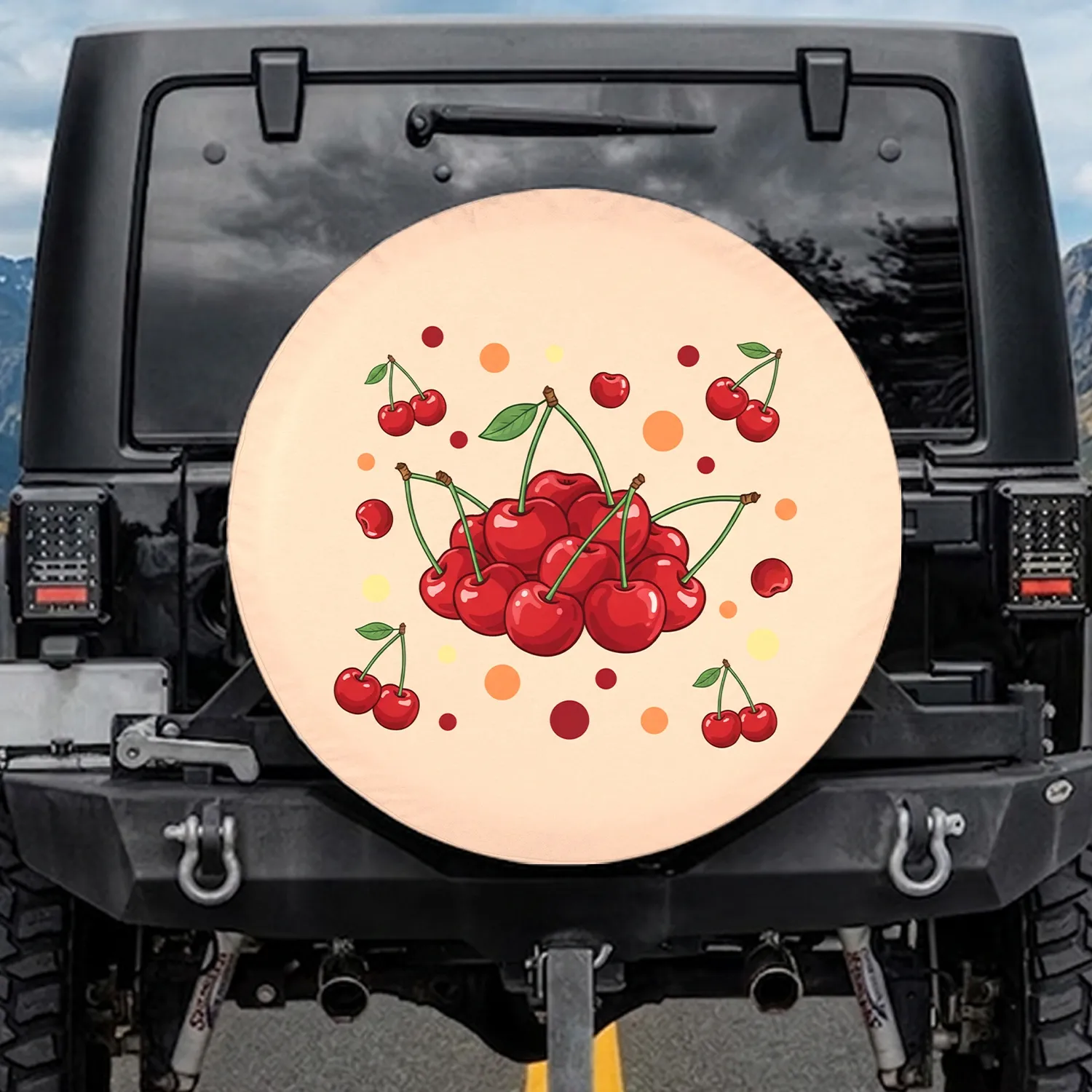 Prominent Red Cherries Paired Green Stems Polka Dot - Everyday Outdoor Lifestyle Car Accent Spare Tire Cover - 1
