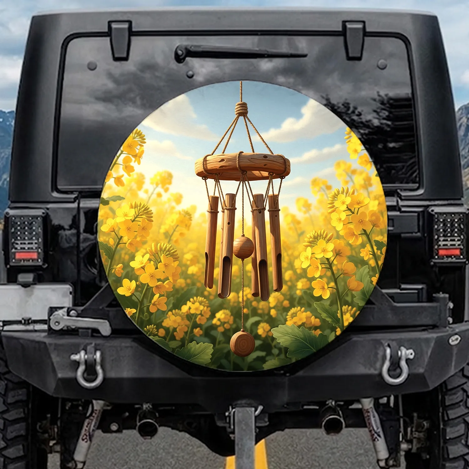 Rustic Wooden Wind Chime Rapeseed Flowers Lush Sunny Field - Outdoor Living Decor Gift Spare Tire Cover - 1