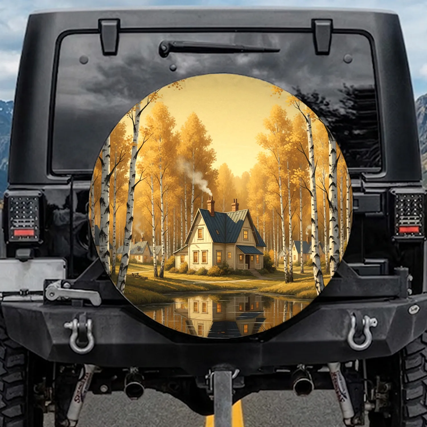 Serene Village Golden Hour Birch Tree House Pond - Home Decor Gift Spare Tire Cover - 1