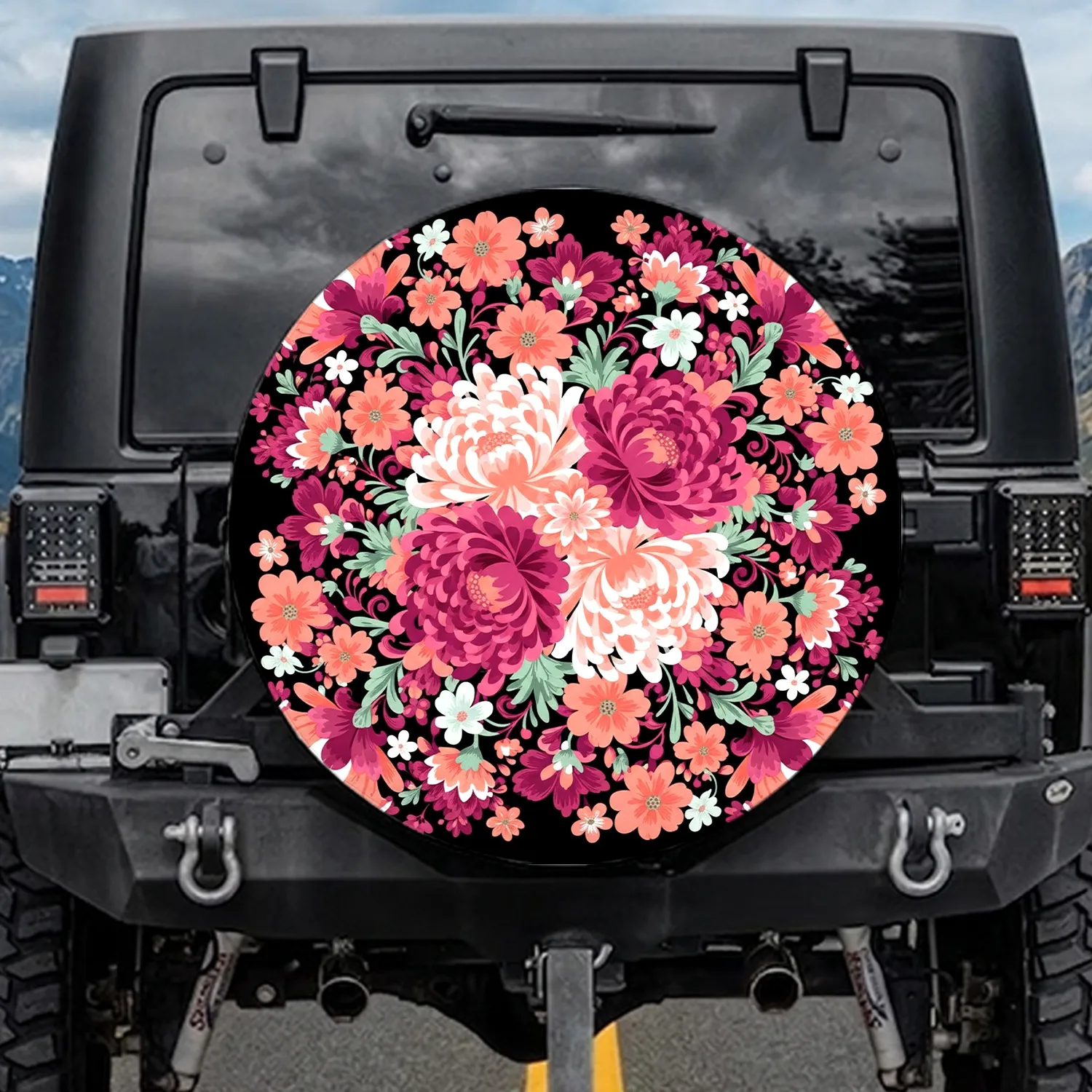 Ornate Chrysanthemum Layered Floral & Foliage - Home Decor Gift for Floral Lovers Spare Tire Cover - 1