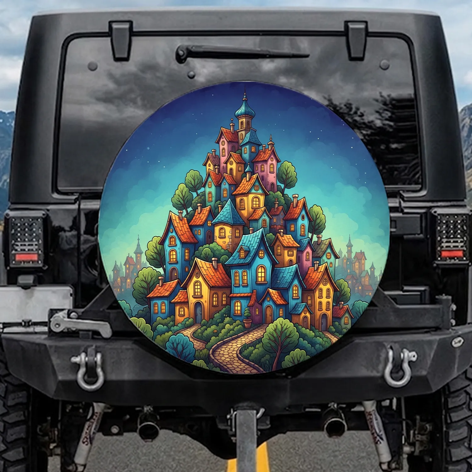 Charming Whimsical Village Houses Stacked Hillsides Home Decor Gift Spare Tire Cover - 1