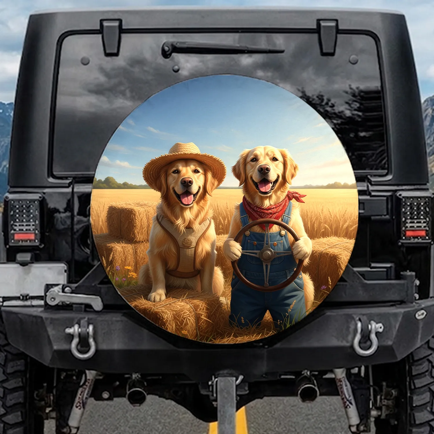Golden Retrievers Hay Bales Wheat Field - Farmhouse Decor Dog Lover Gift Spare Tire Cover - 1