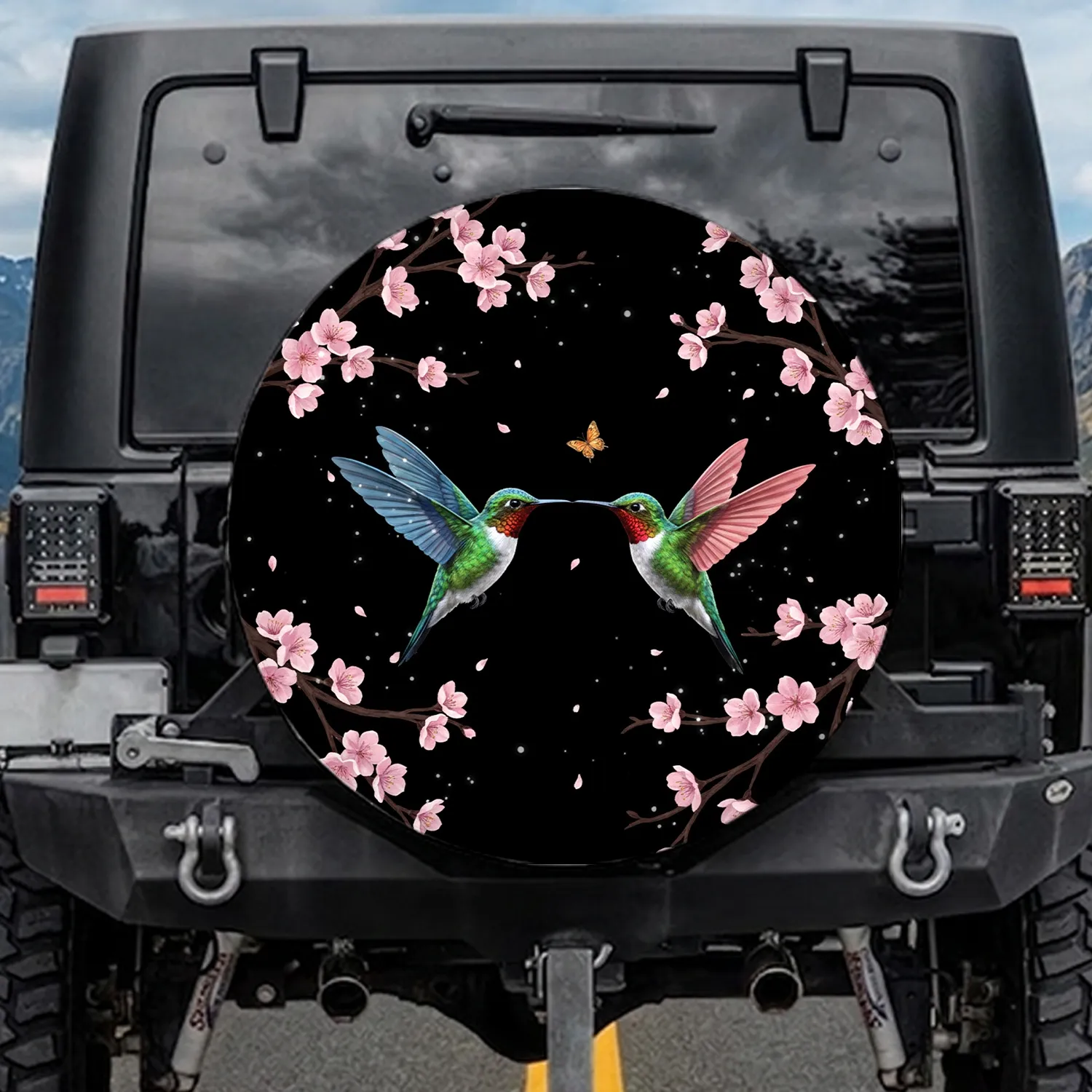 Iridescent Hummingbird Pink Cherry Blossom Floral - Wildlife Lover Gift Spare Tire Cover - 1