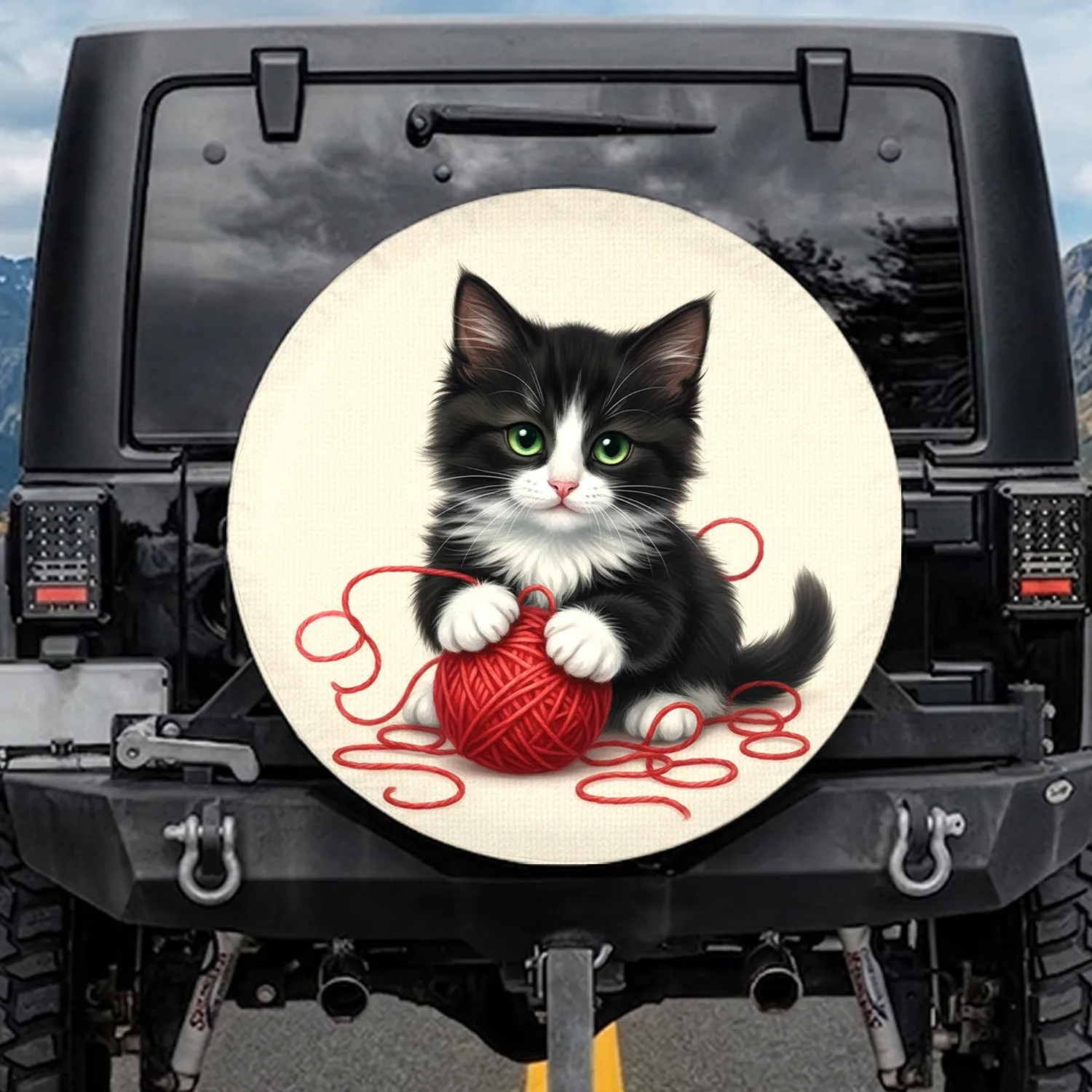 Black White Tuxedo Kitten Red Yarn Ball Playful - Cat Lover Everyday Accessory Spare Tire Cover - 1