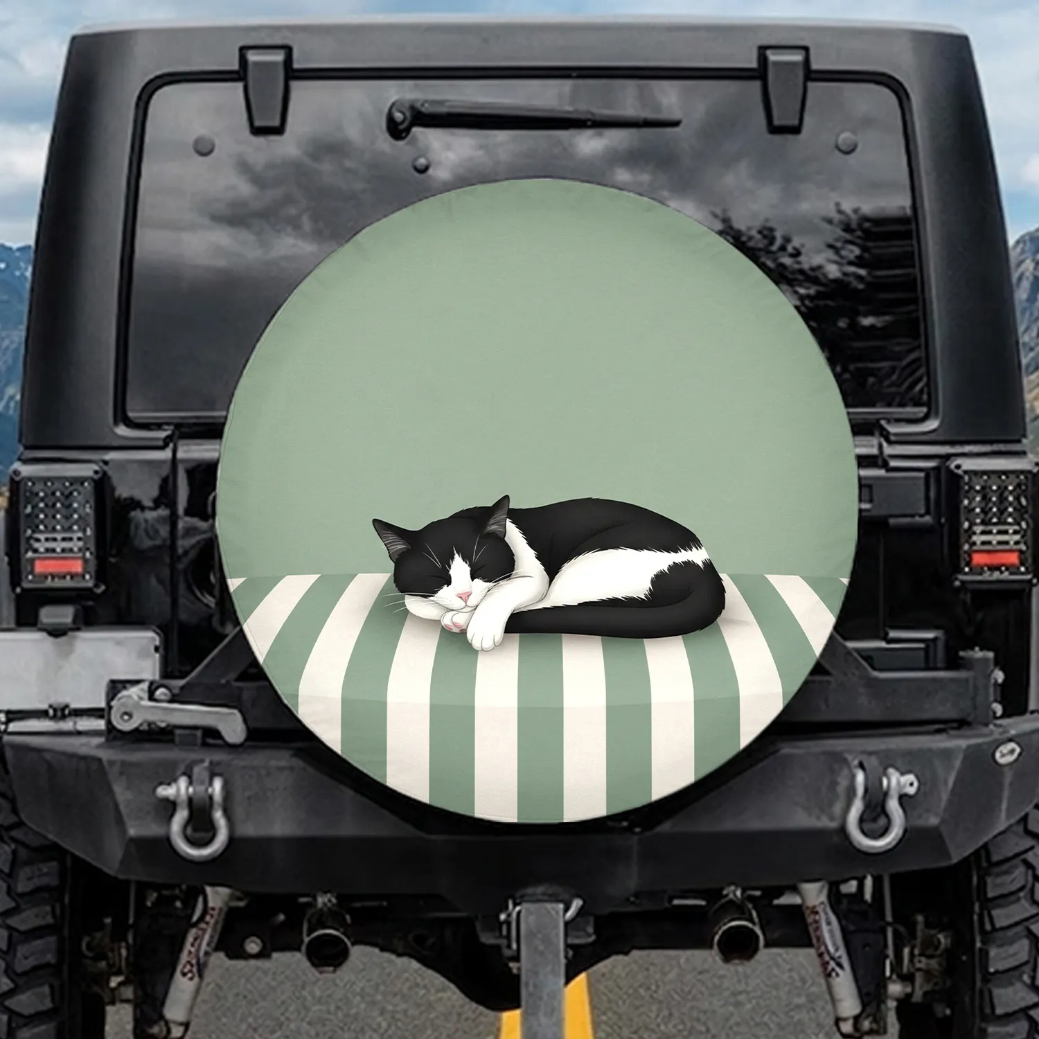 Sleeping Black White Tuxedo Cat Tucked In Cushion Blanket - Everyday Cat Lover Home Decor Spare Tire Cover - 1