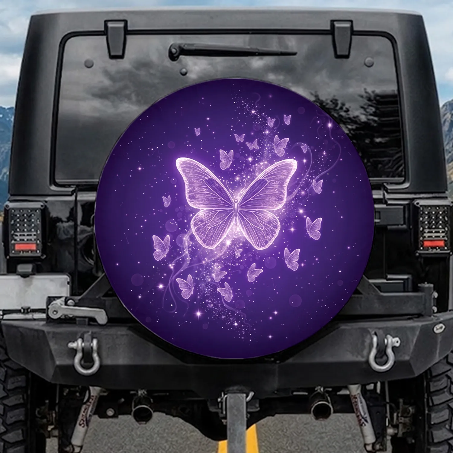 Purple Butterflies Cosmic Night Sky - Butterfly Lover Gift Spare Tire Cover - 1