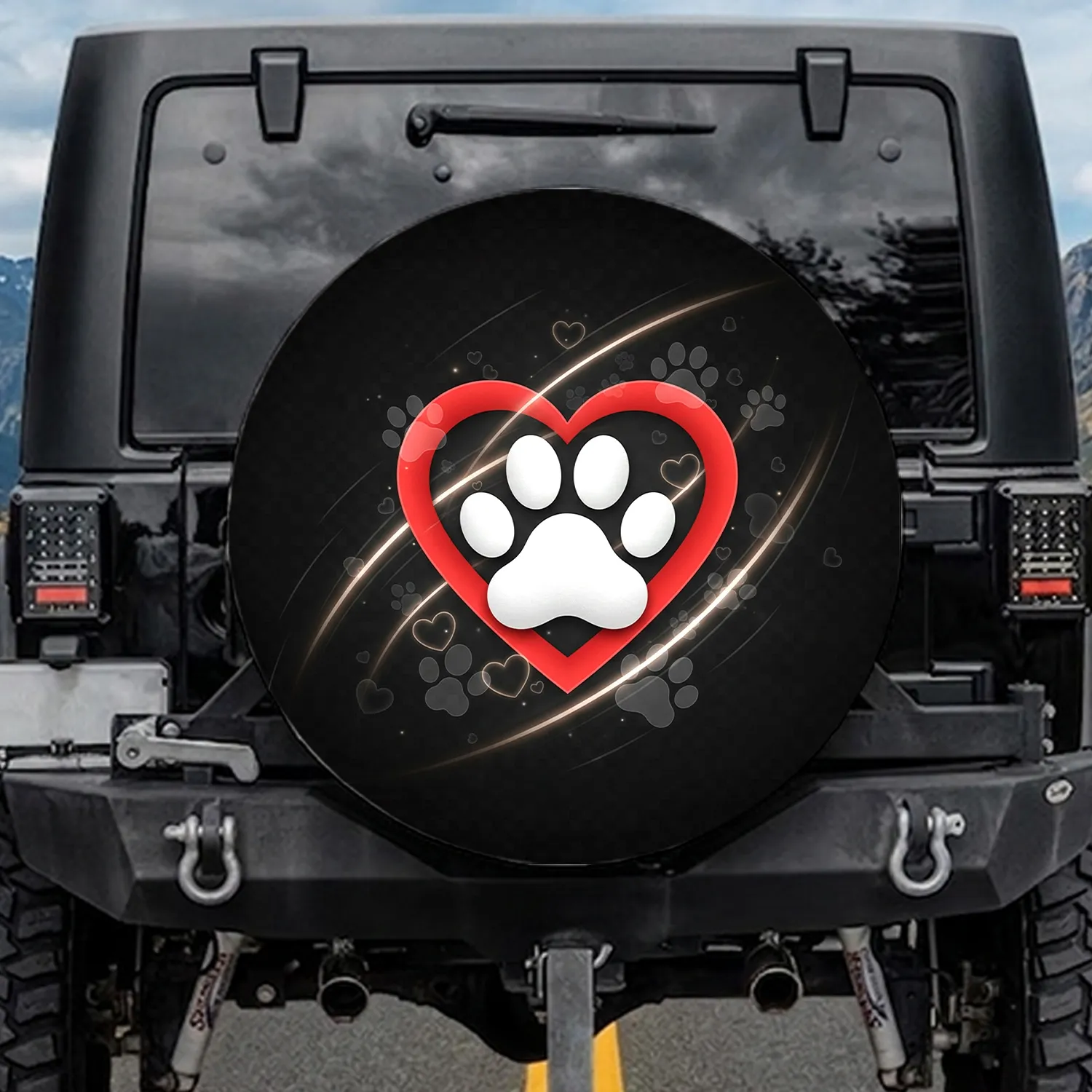 Charcoal Black Red Heart White Paw Print - Loyalty Car Accessory Gift for Pet Owners Spare Tire Cover - 1