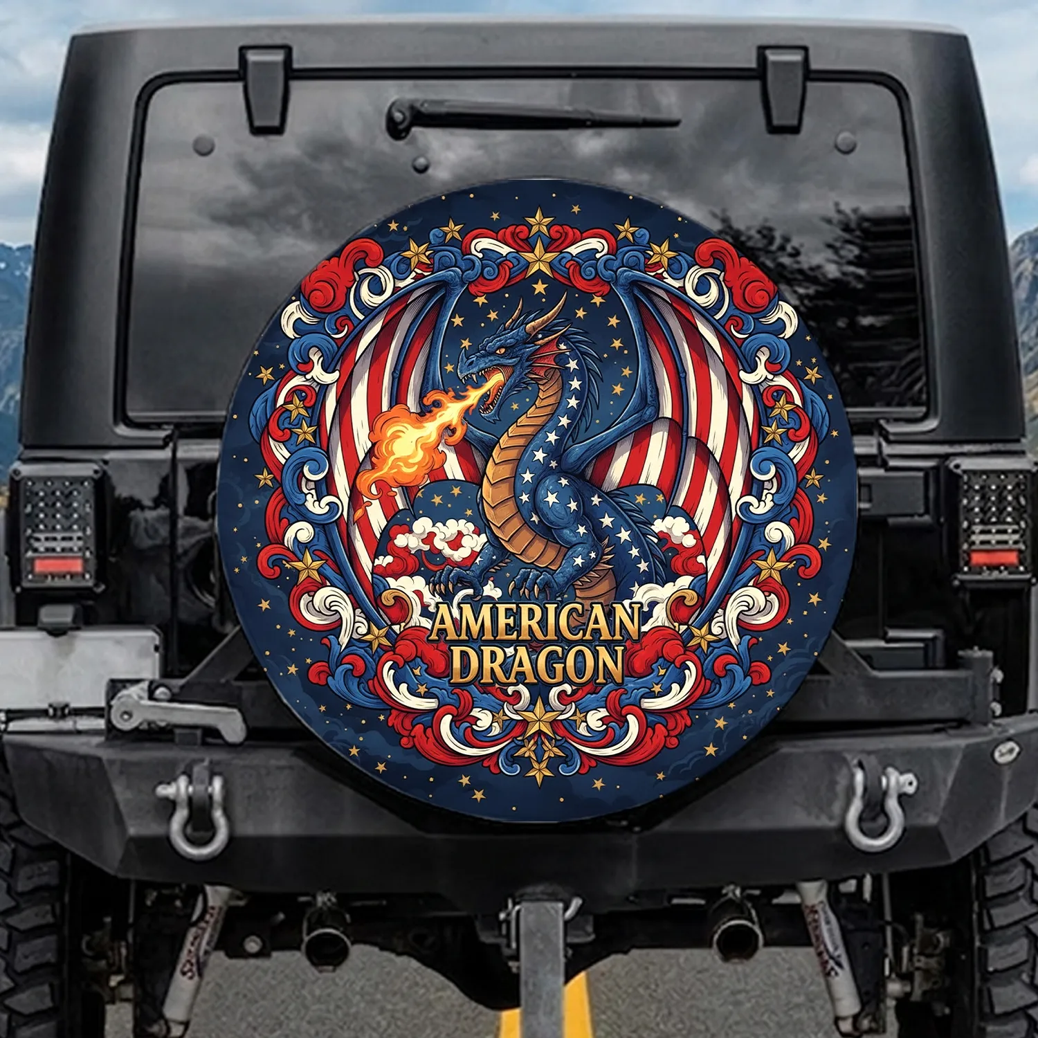 Fire Dragon American Flag Independence Day Gift for Veterans Spare Tire Cover - 1