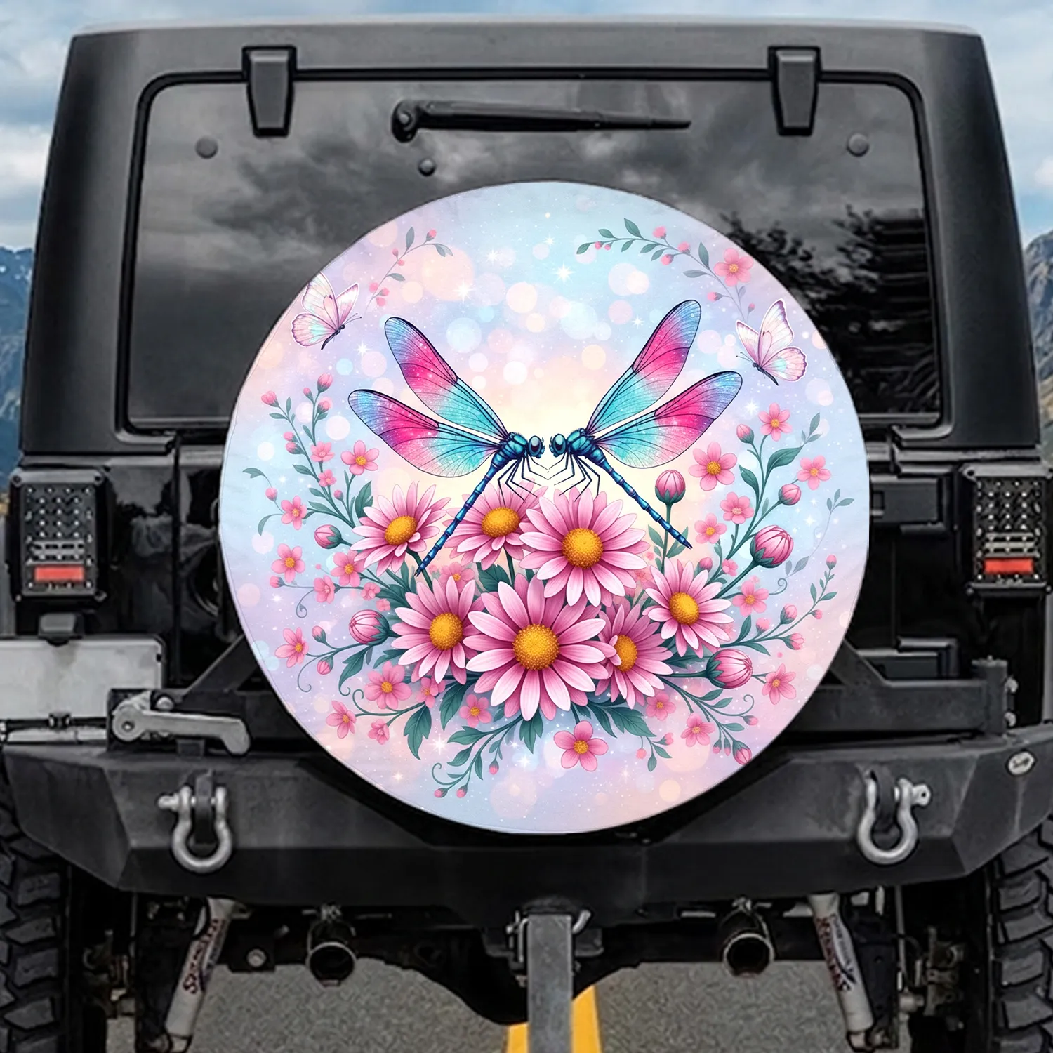 Iridescent Dragonflies Pink Daisy Flowers Butterflies Green Leaves - Home Decor Gift Spare Tire Cover - 1