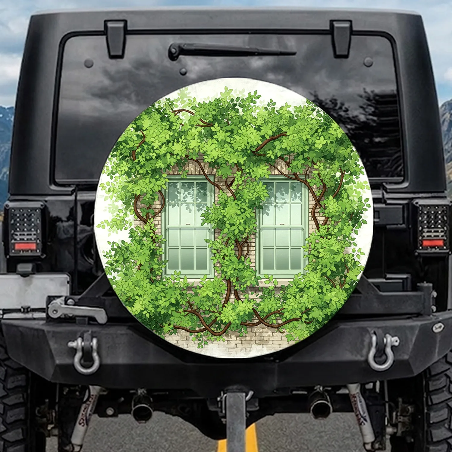 Green Leaf Canopy Covering Brick Building Pale Sage Windows - Home Decor Gift Spare Tire Cover - 1