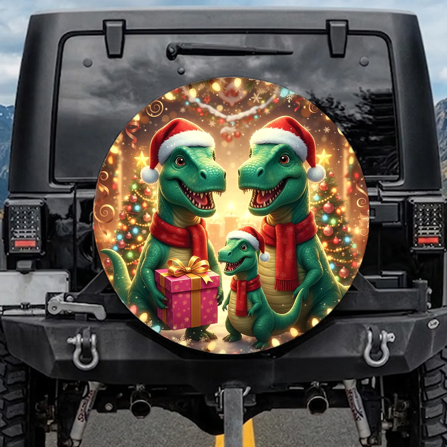 Cheerful Green Dinosaurs Santa Hats Christmas Trees Snowflakes Gift - Christmas Holiday Season Spare Tire Cover - 1