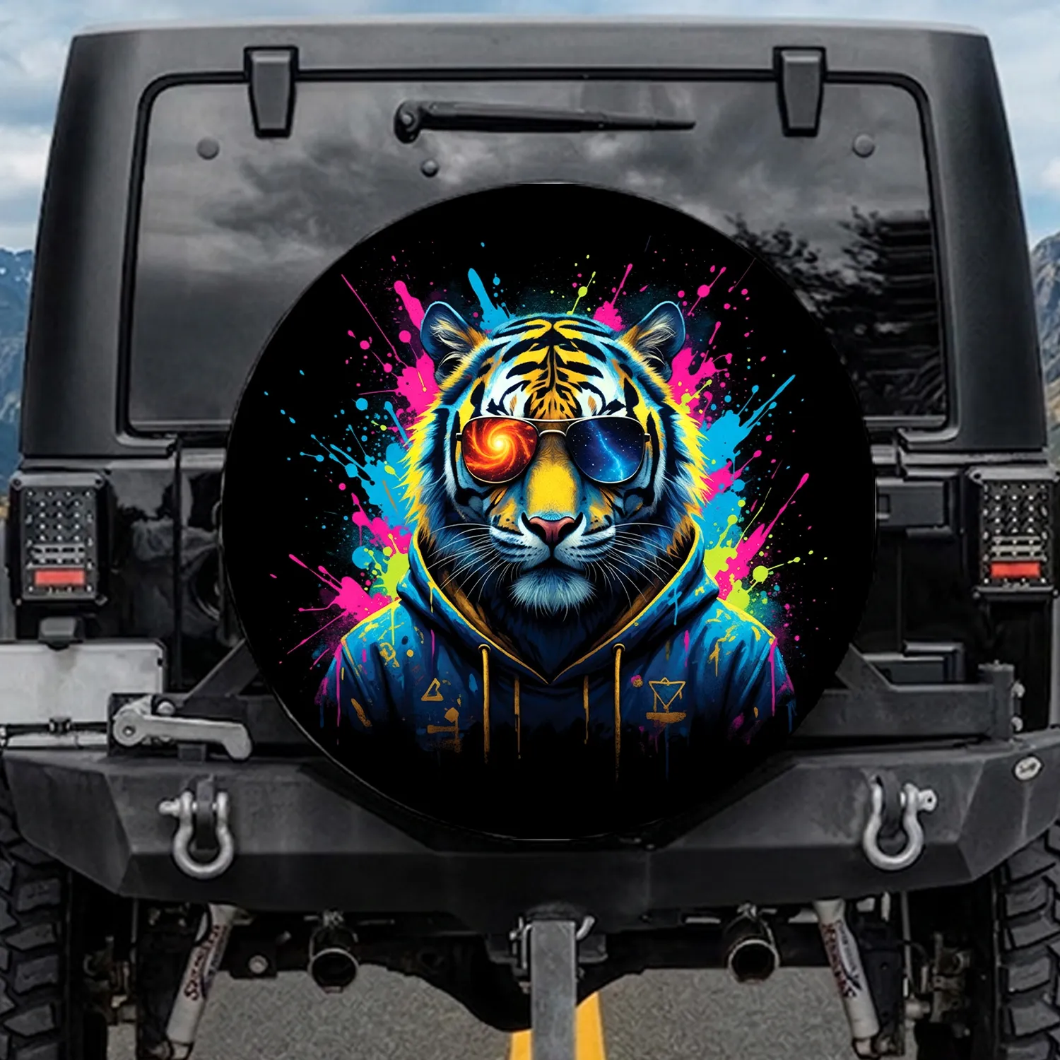 Tiger Hooded Sweatshirt Sunglasses Neon Streaks - Urban Style Wildlife Lover Gift Spare Tire Cover - 1