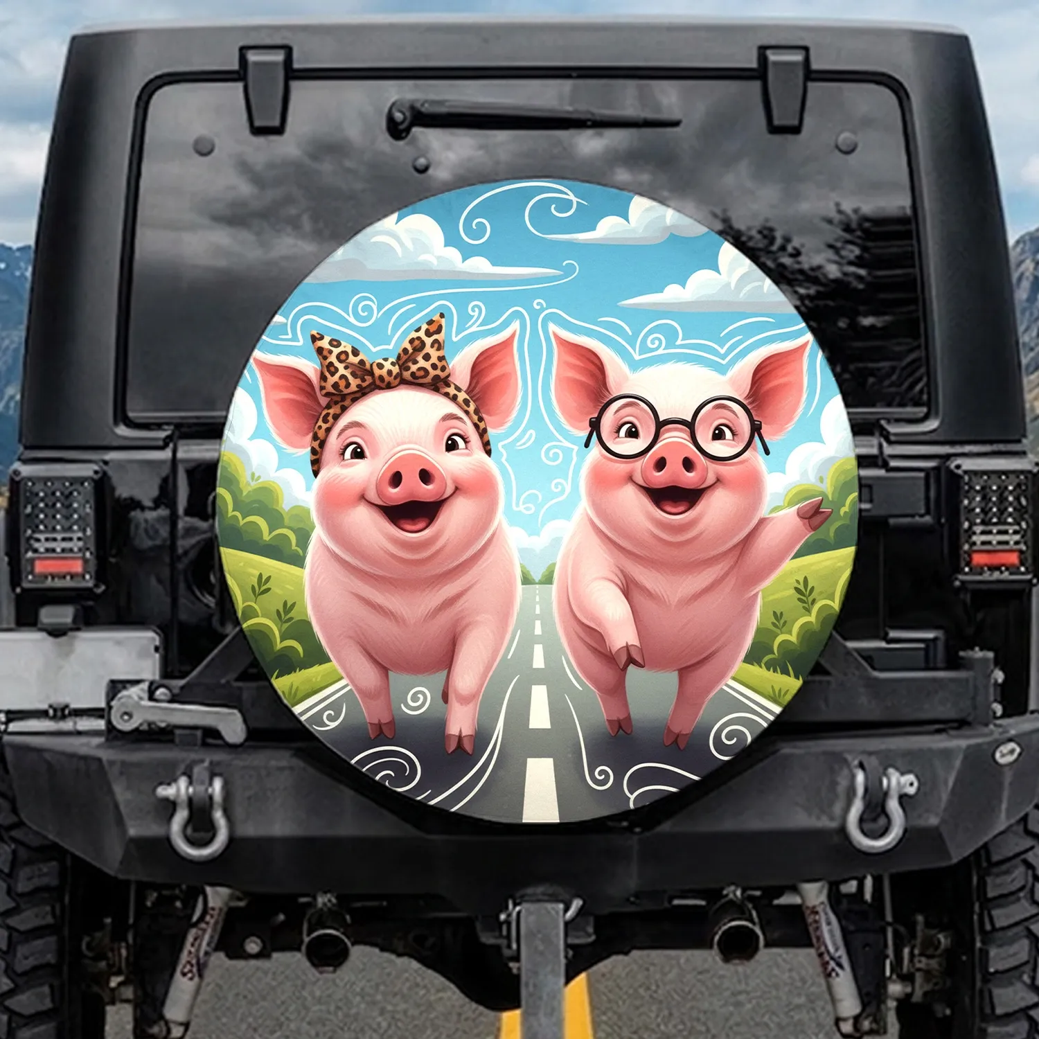 Smiling Pink Pigs Leopard Bow Glasses Road - Road Trip Travel Accessory Spare Tire Cover - 1
