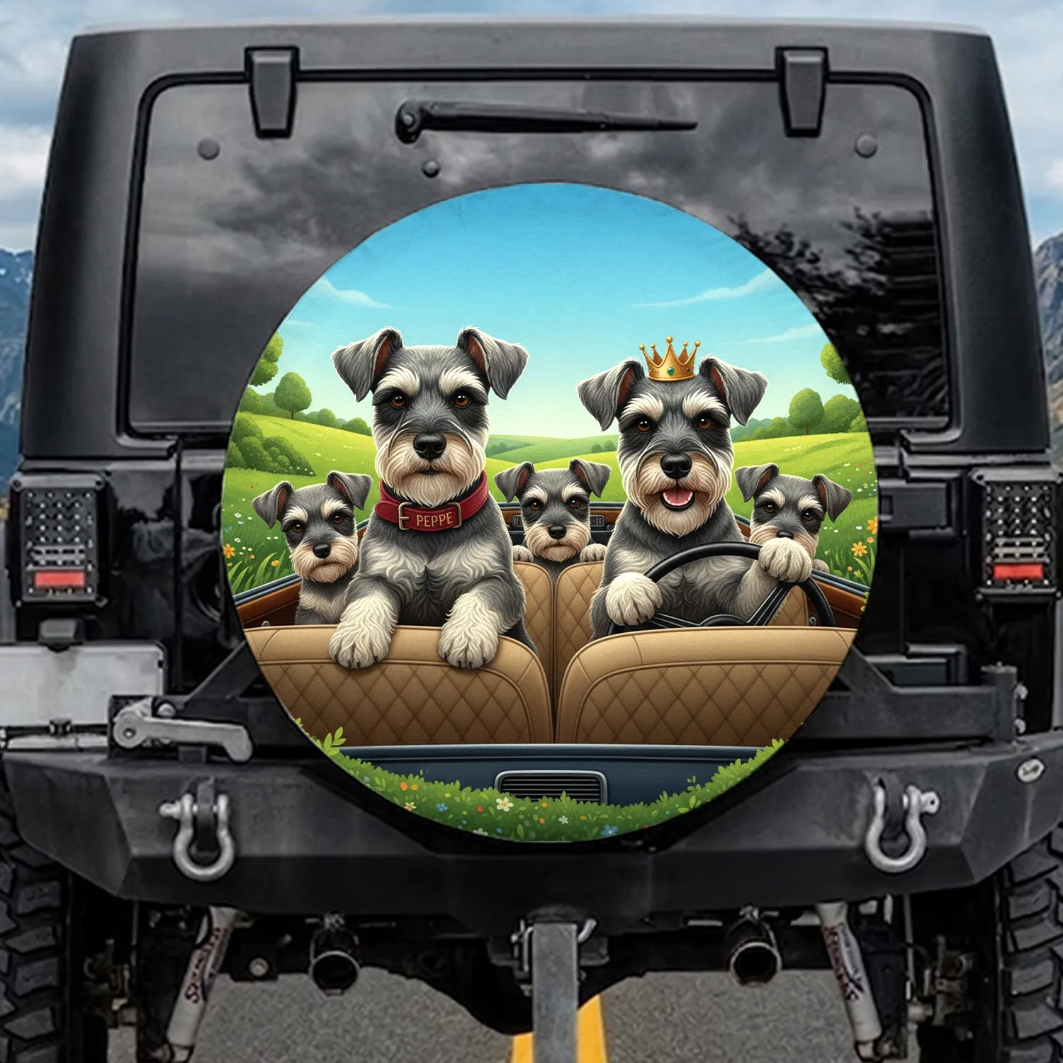 Miniature Schnauzer Family Driving Car - Dog Lover Road Trip Gift for Pet Owners Spare Tire Cover - 1
