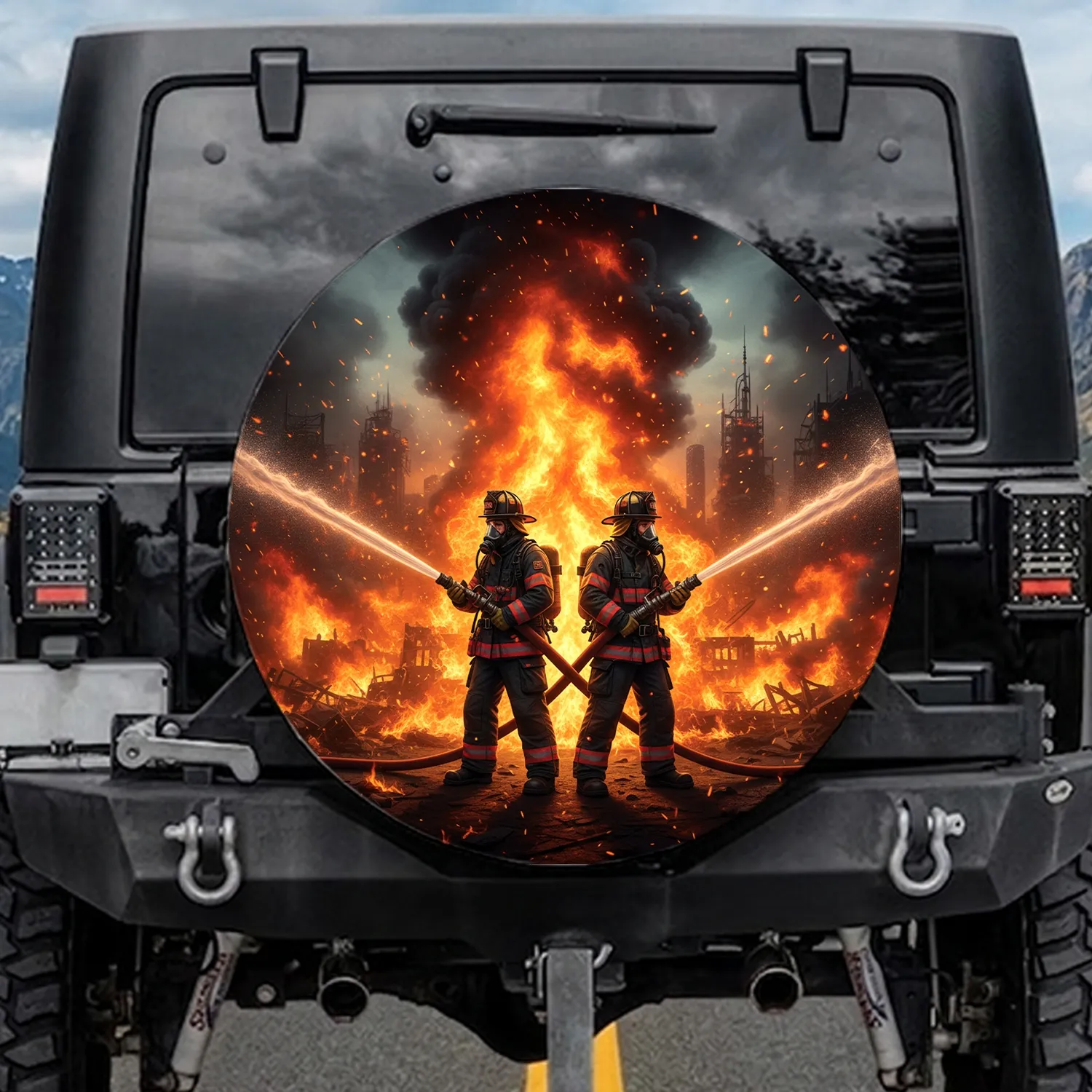 Firefighters Battling Apocalyptic Inferno with Water Streams - First Responders Gift Spare Tire Cover - 1