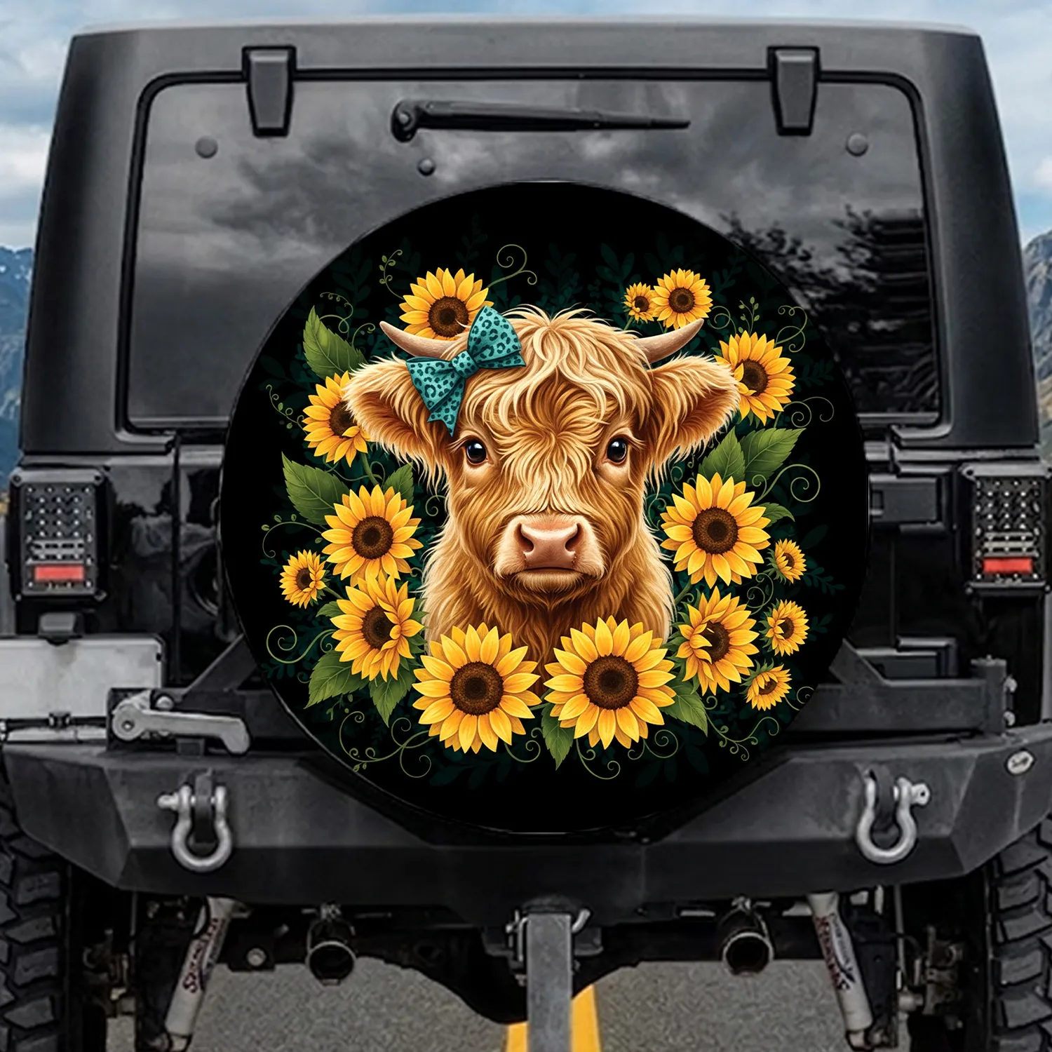 Highland Cow Teal Leopard Bow Sunflowers - Outdoor Adventure Cow Lover Gift Spare Tire Cover - 1