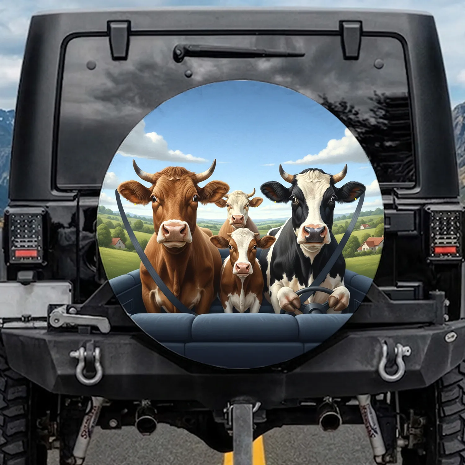 Funny Surprised Driving Cows Rural Landscape - Farmhouse Decor Cow Lover Gift Spare Tire Cover - 1