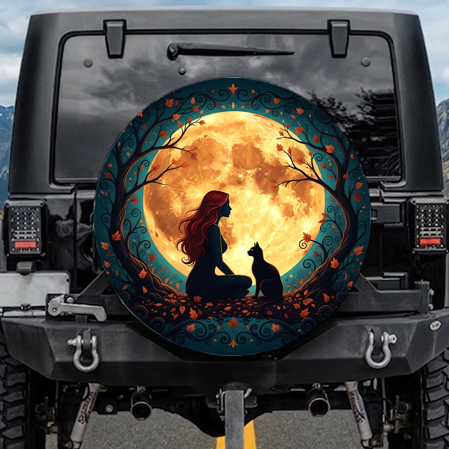 Seated Woman Black Cat Full Moon - Twilight Car Decor for Cat Lover Spare Tire Cover - 1