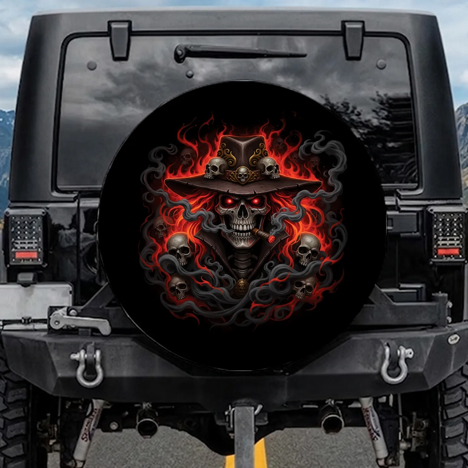 Skeletal Figure Cigar Glowing Eyes Skulls Fire - Dark Art Lover Gift Spare Tire Cover - 1