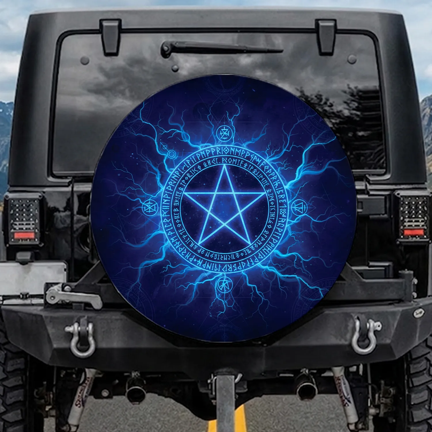 Glowing Electric Pentagram Runic Script - Mystical Dark Fantasy Car Decor Spare Tire Cover - 1