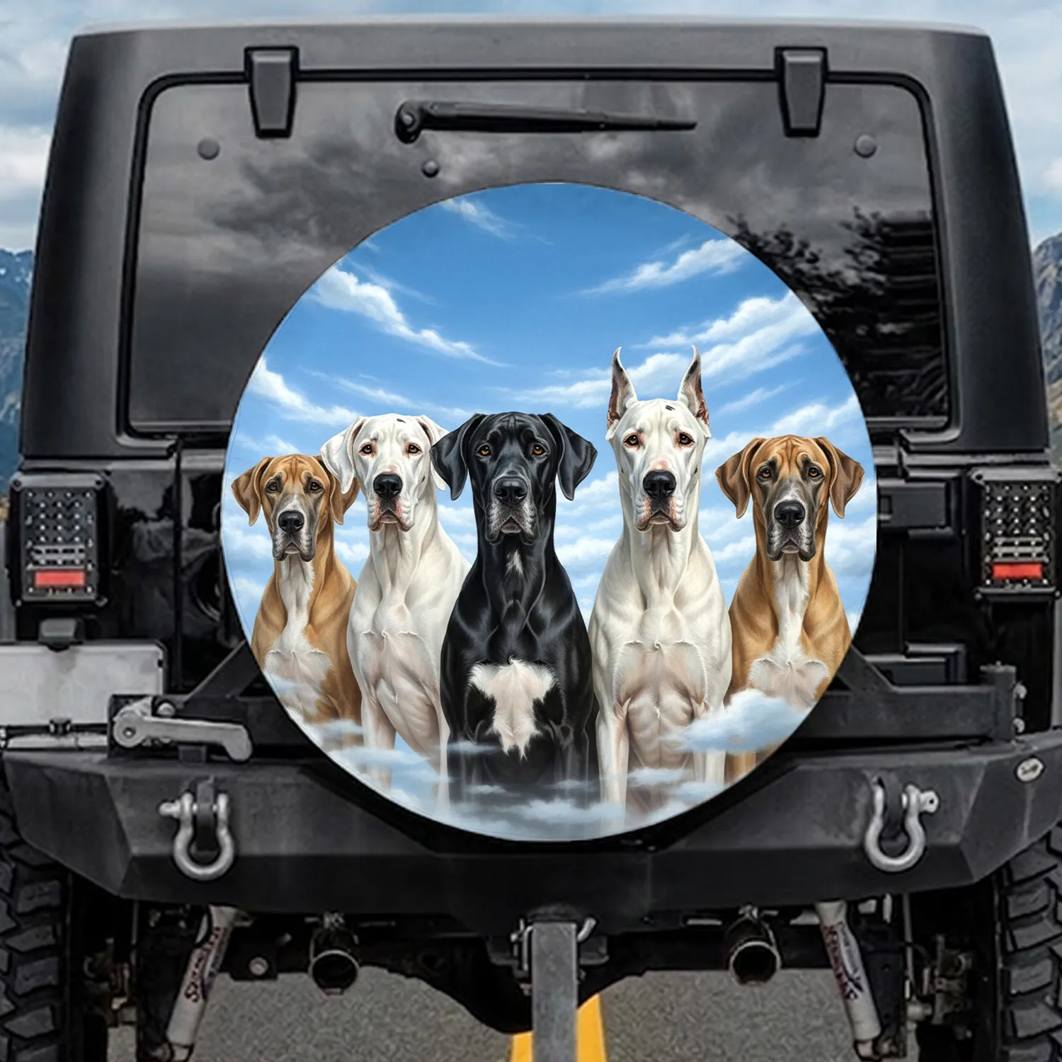 Majestic Five Great Dane Dogs Blue Sky Clouds - Dog Lover Gift Spare Tire Cover - 1