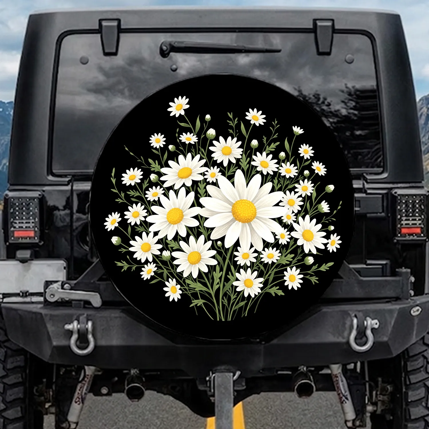 Swaying White Daisies Meadow Black Background - Everyday Floral Decor Gift Spare Tire Cover - 1
