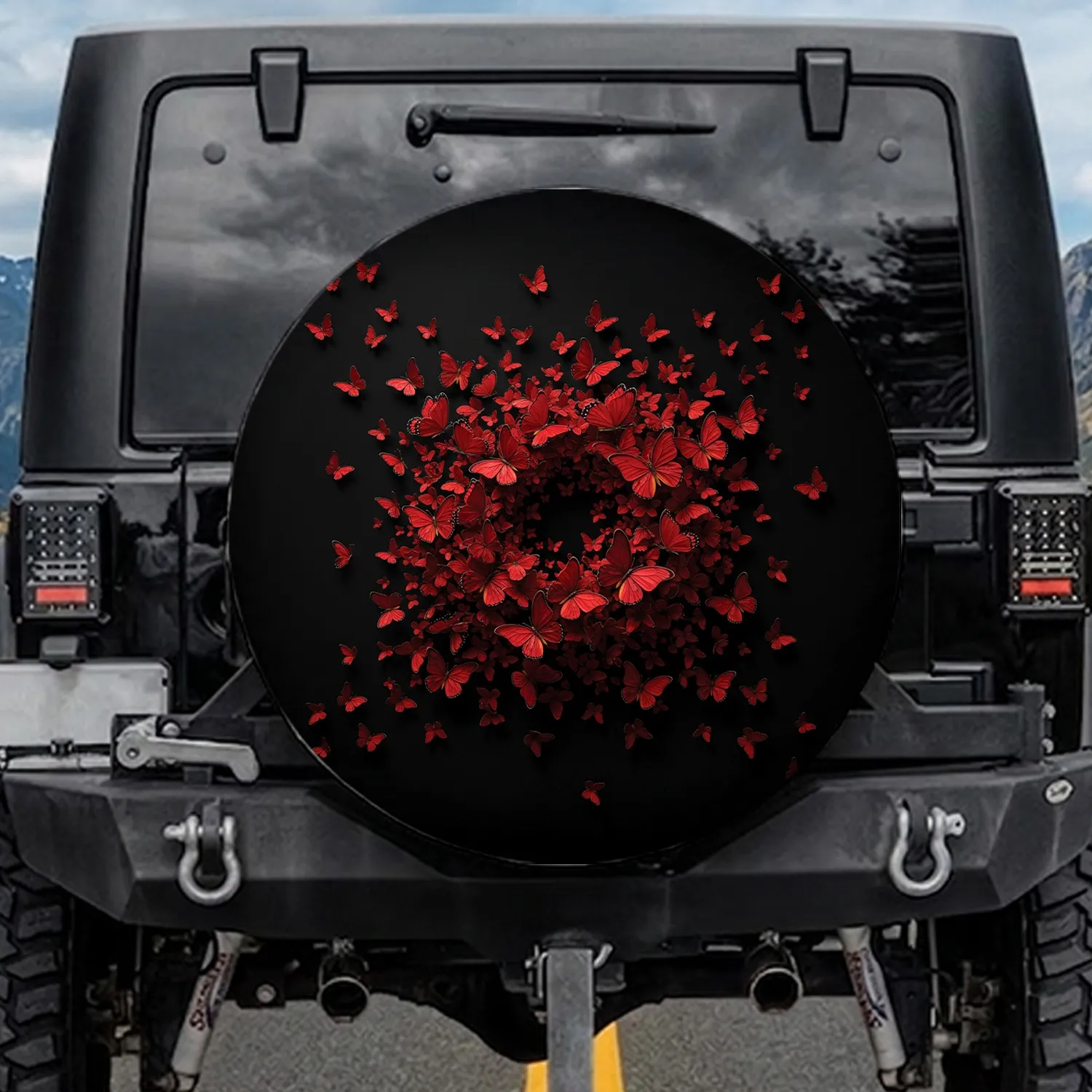 Crimson Scarlet Butterflies Flying Cluster - Nature Lover Automotive Decor Gift Spare Tire Cover - 1