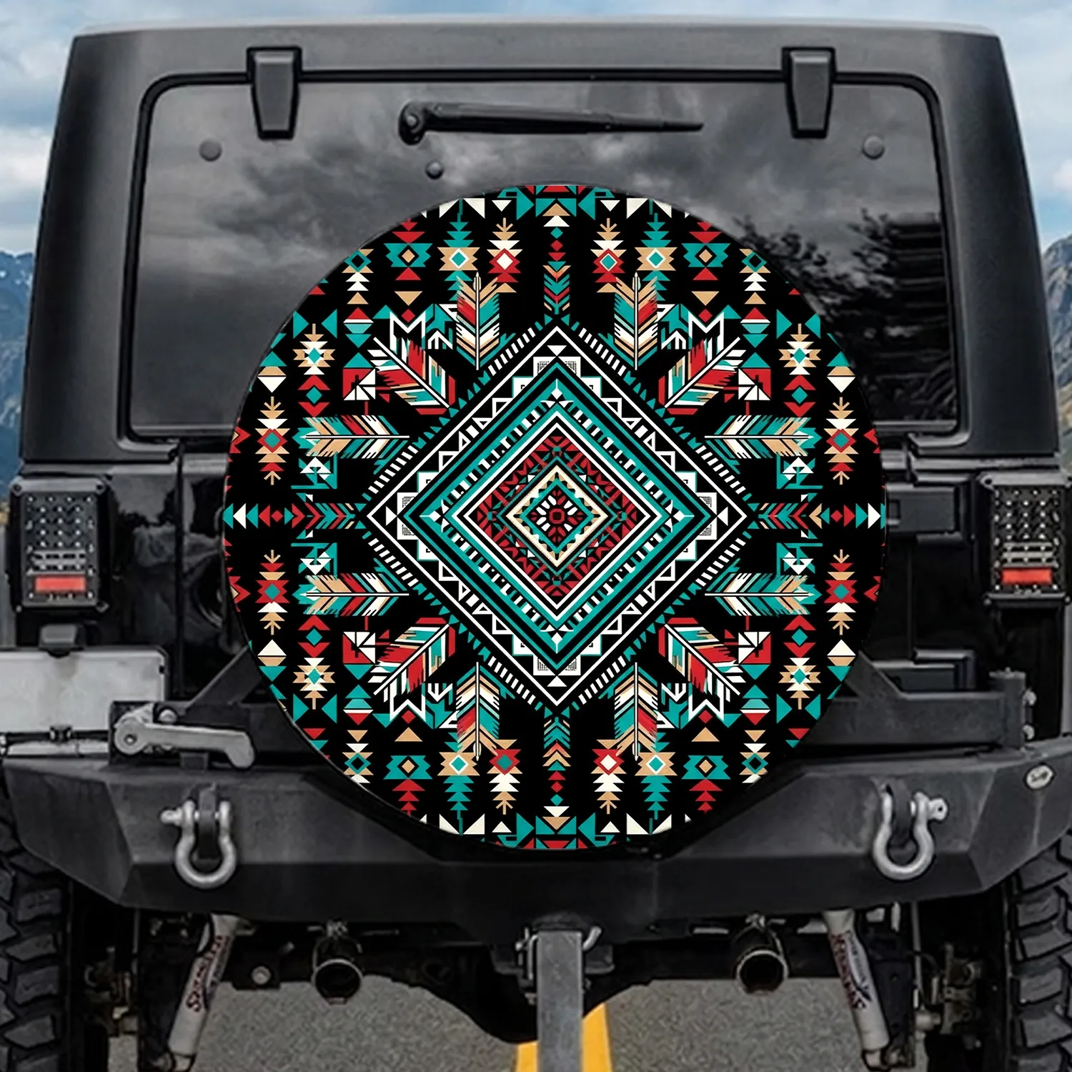 Ornate Concentric Diamond Shapes Tribal Feathers - Southwestern Decor Gift Spare Tire Cover - 1