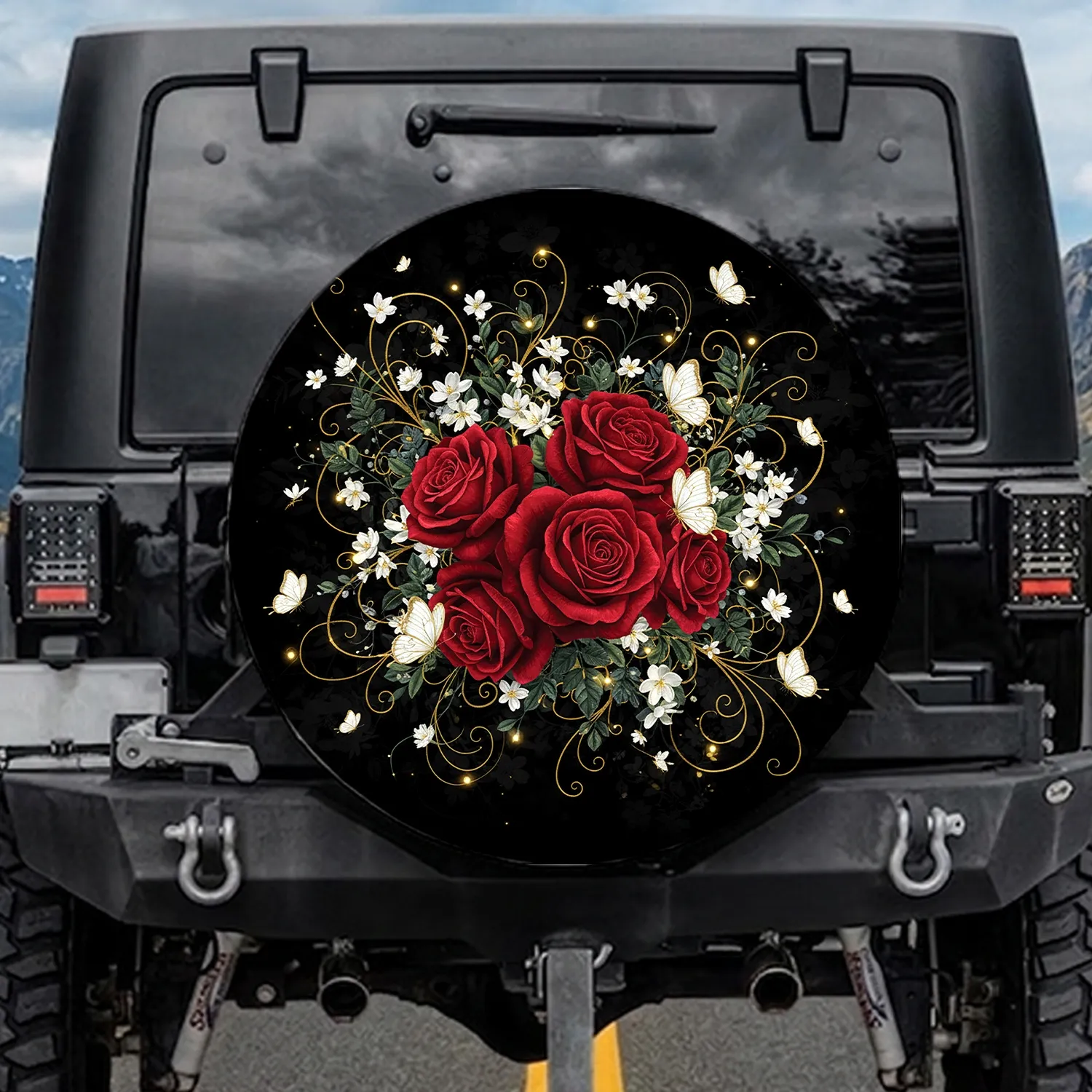Crimson Roses White Gold Butterflies Golden Tendrils Fairy Lights Luxury Vehicle Accent Spare Tire Cover - 1