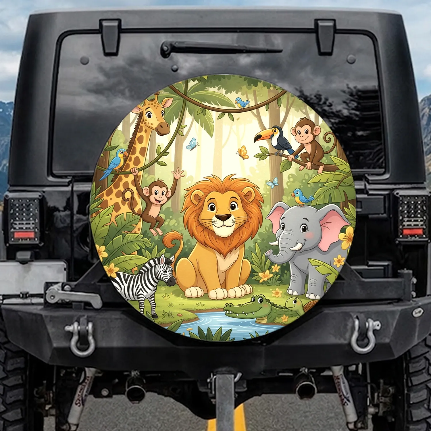 Smiling Cartoon Lion Tropical Safari Animals - Wildlife Lover Gift Spare Tire Cover - 1
