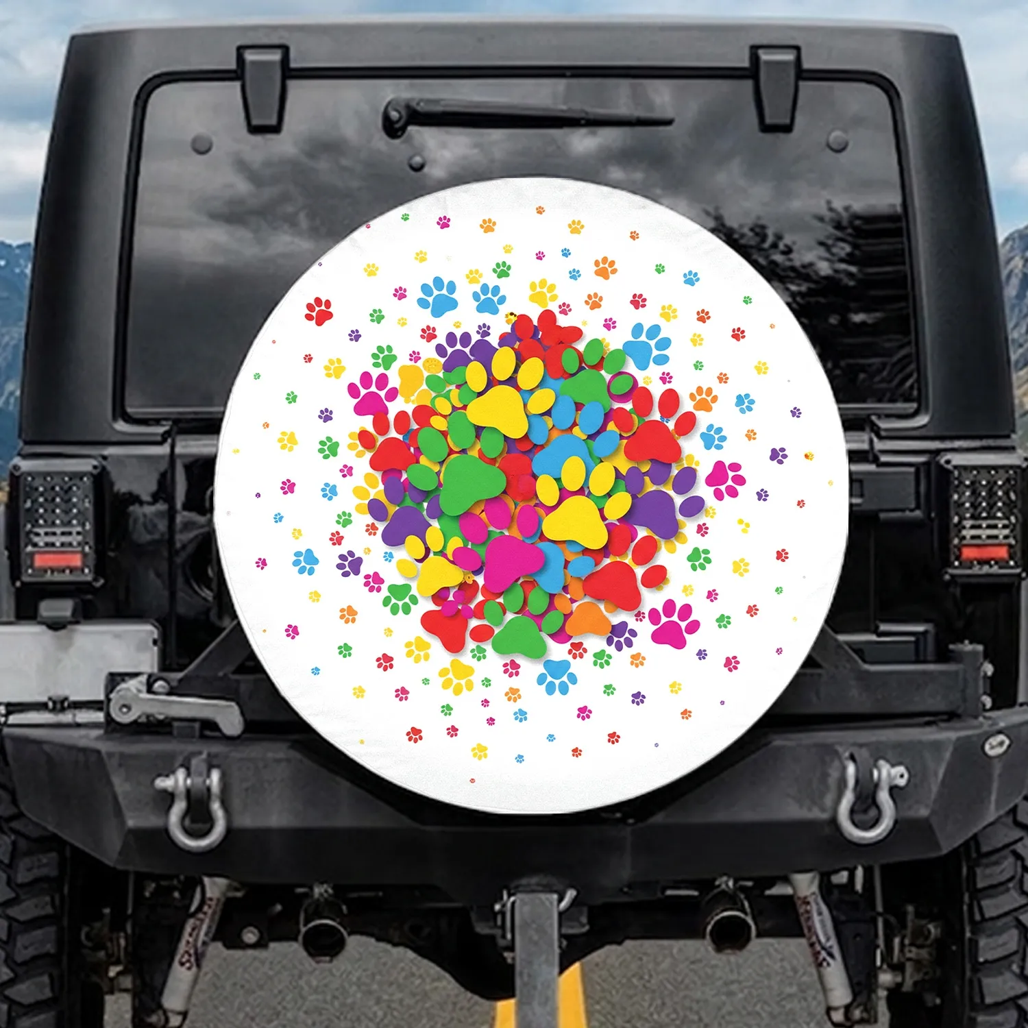 Dense Cluster Scattered Assorted Colors Paw Prints - Pet Owner Lifestyle Accessory Spare Tire Cover - 1
