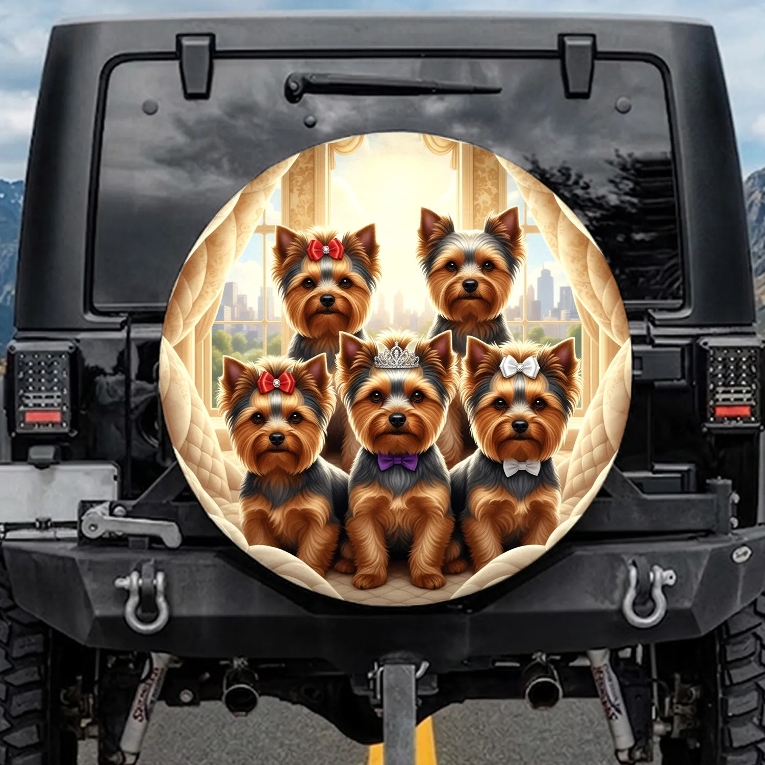 Six Expressive Yorkshire Terriers Tiaras Bows Luxurious Interior - Dog Lover Gift Spare Tire Cover - 1