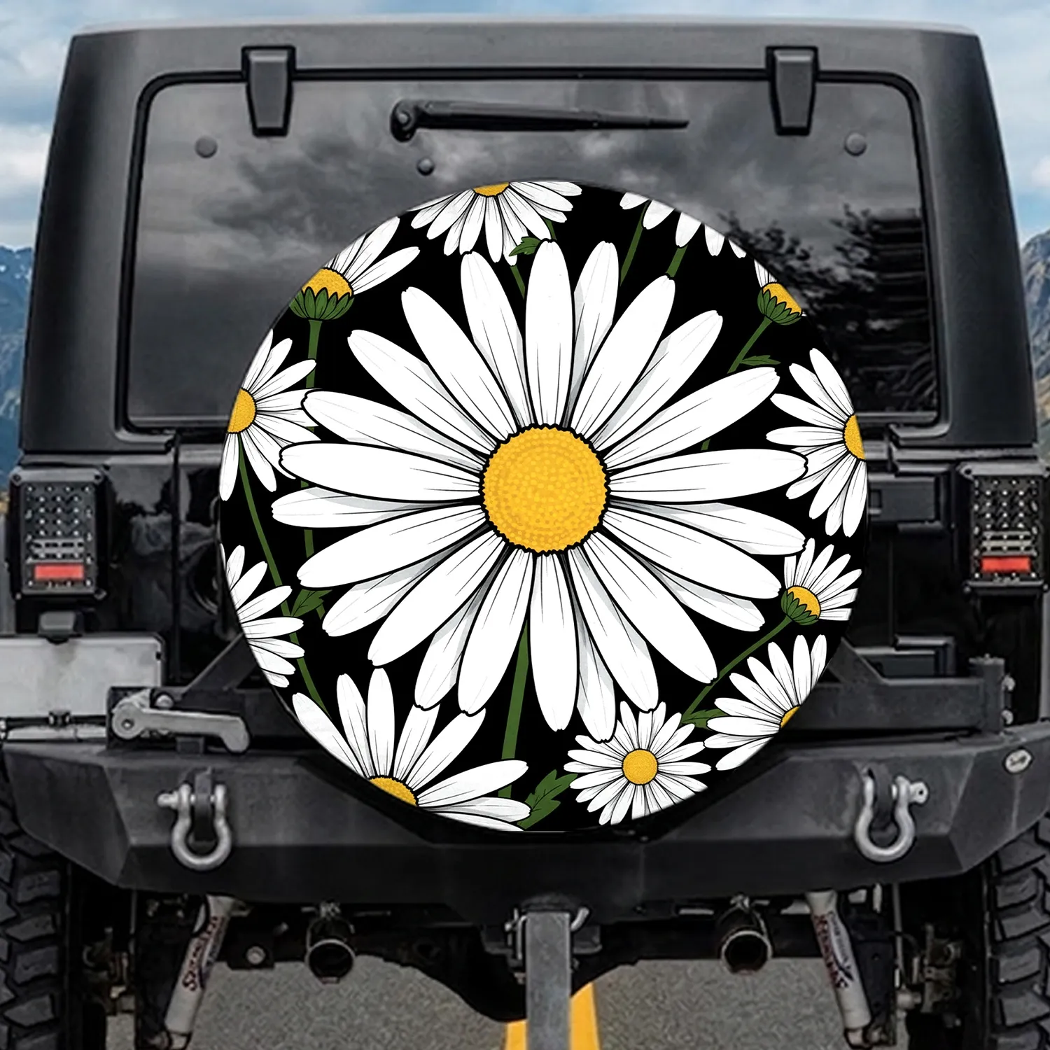 Prominent Daisy Floral Field White Petals Golden Center Black Background Everyday Style Spare Tire Cover - 1