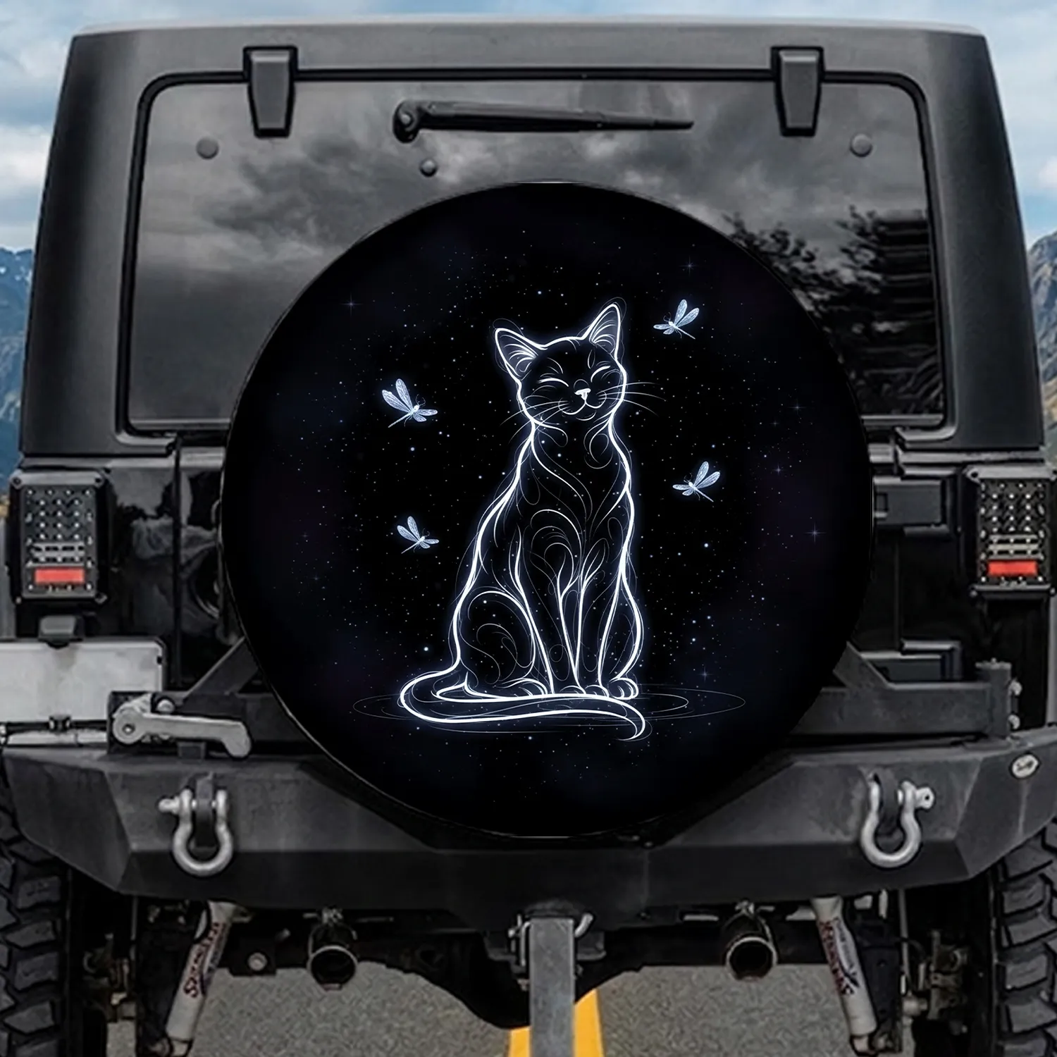 Glowing White Cat Dragonflies Stardust Cosmic Night Sky - Celestial Lover Gift Spare Tire Cover - 1