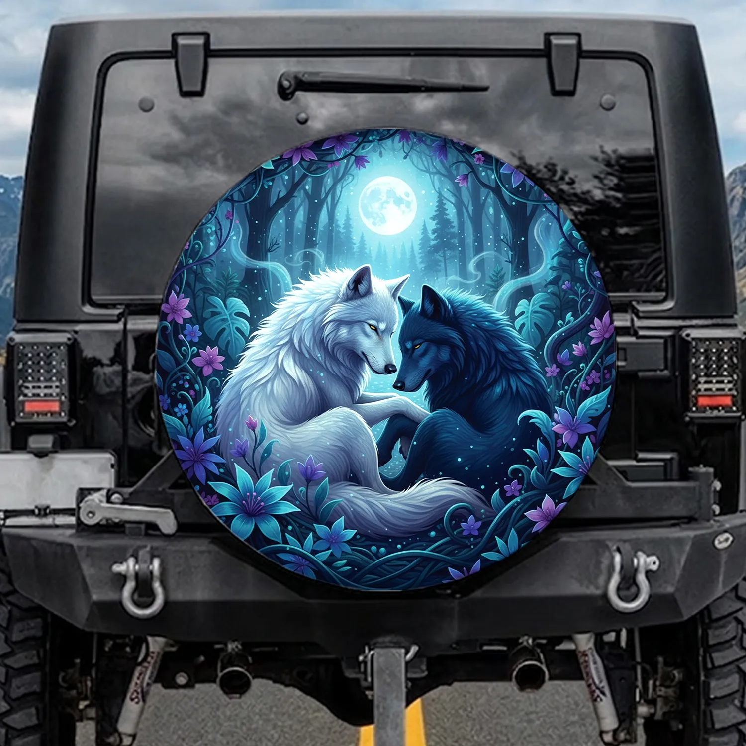 Glowing Fantasy Forest Wolves Jungle Flora Full Moon Night - Wildlife Home Decor Gift Spare Tire Cover - 1